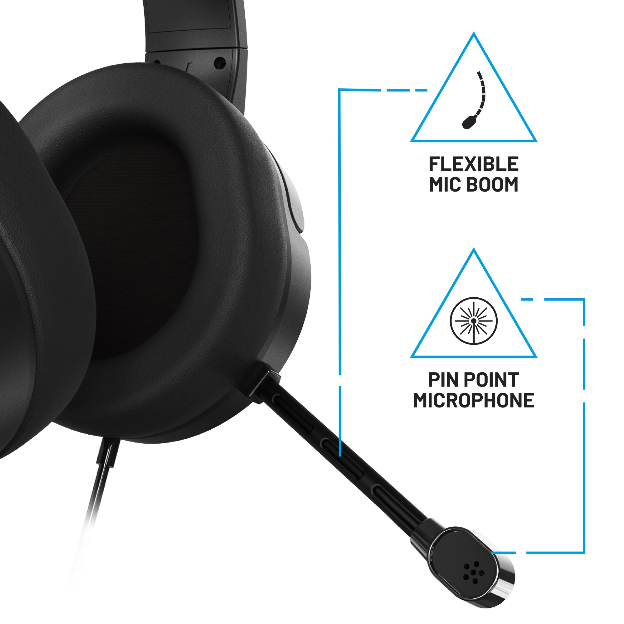 Schwarzes Gaming-Headset mit flexiblem Mikrofonarm. Nahaufnahme. Blaue Linien.