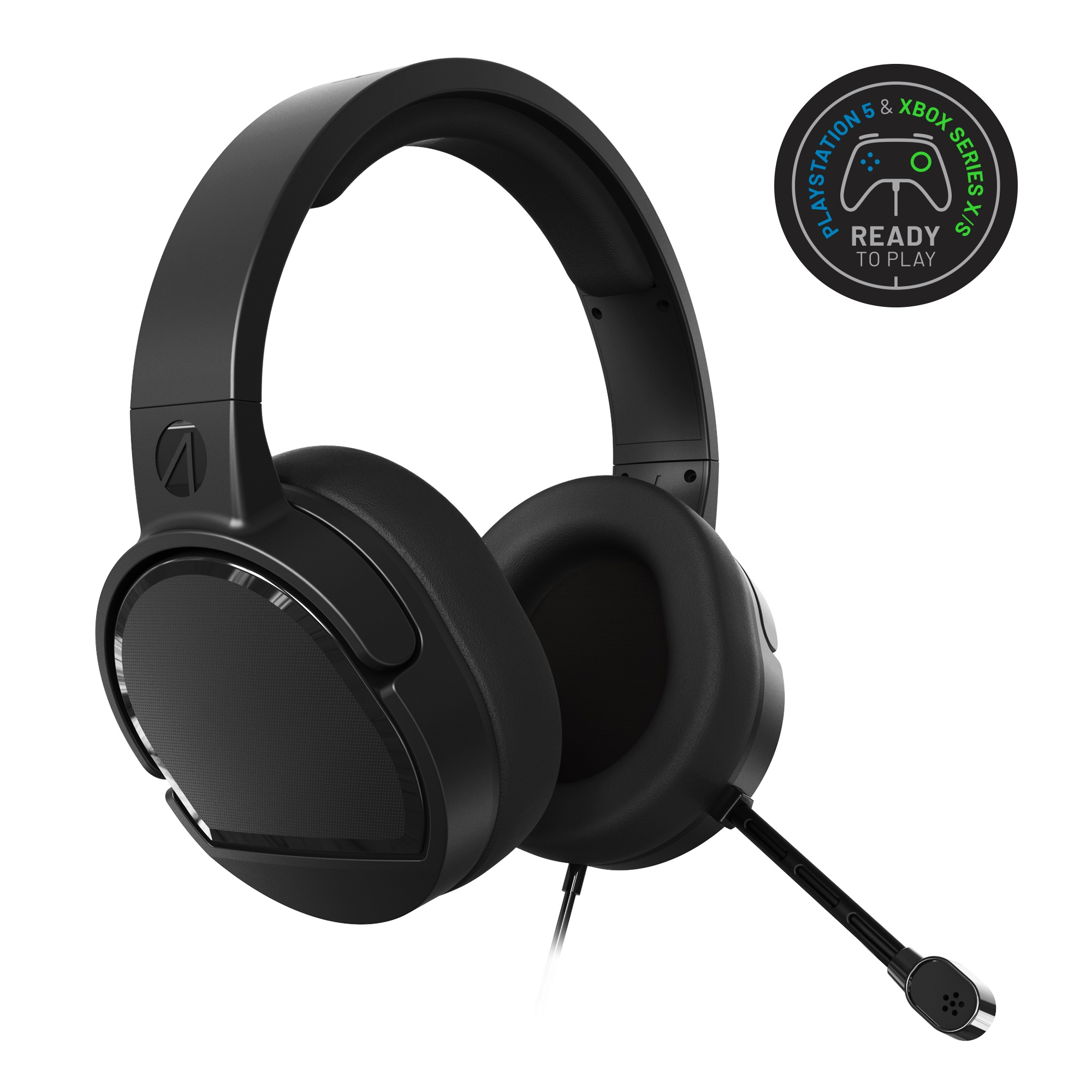 Schwarzes Gaming-Headset mit Mikrofon, mit PlayStation- und Xbox-Logo.