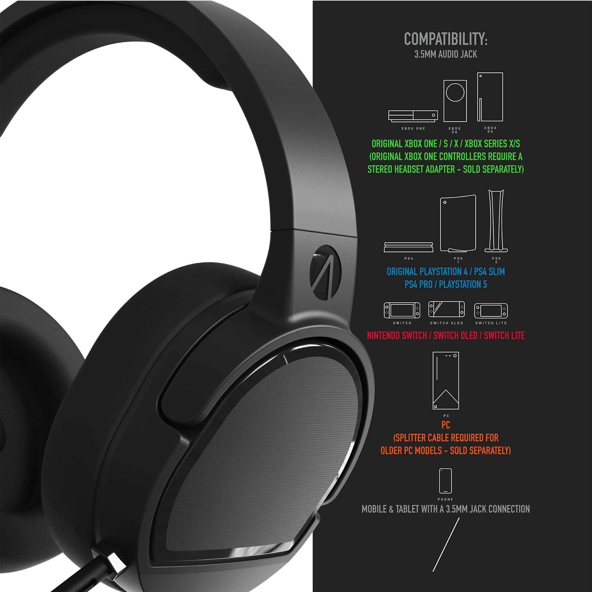 Schwarzes Headset, Kompatibilitätsdiagramm mit Spielekonsolen und Mobilgeräten.