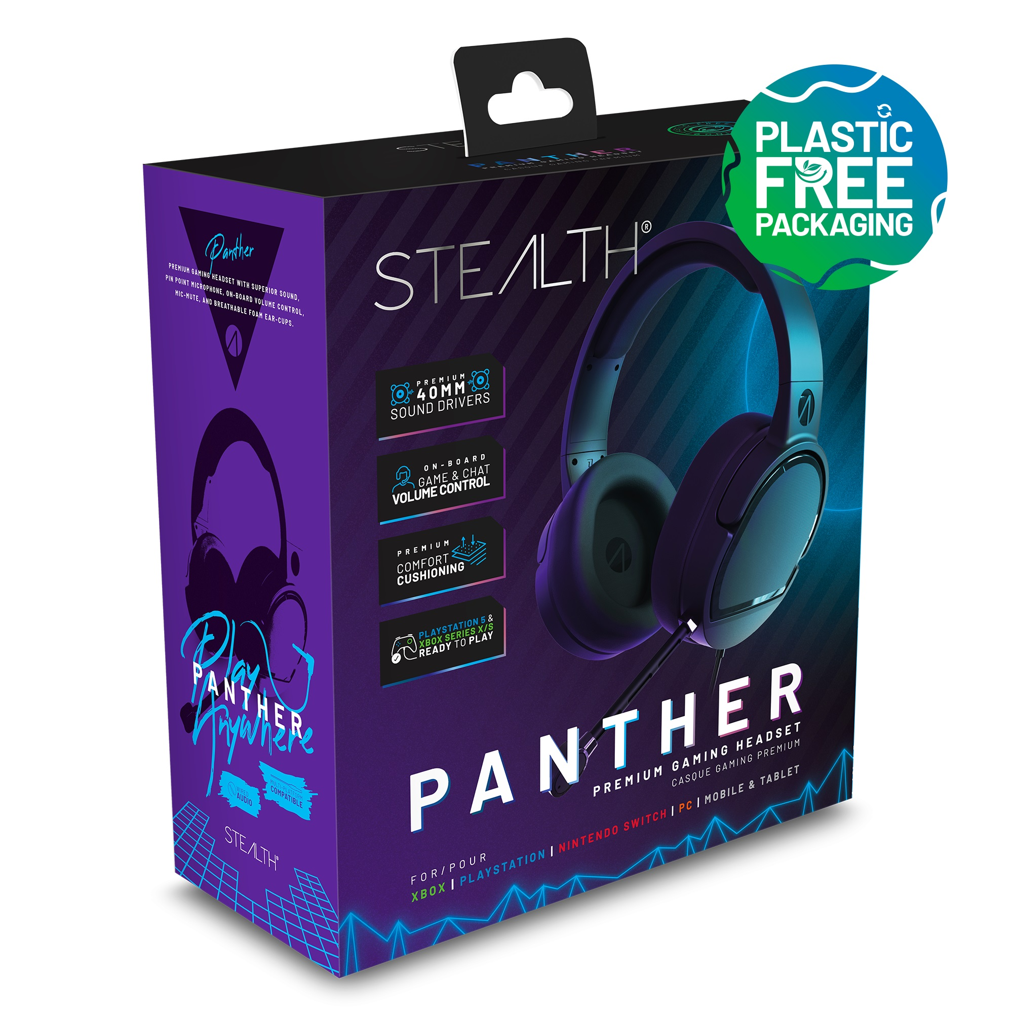 Verpacktes, schwarzes und lila Panther-Gaming-Headset auf weißem Grund.