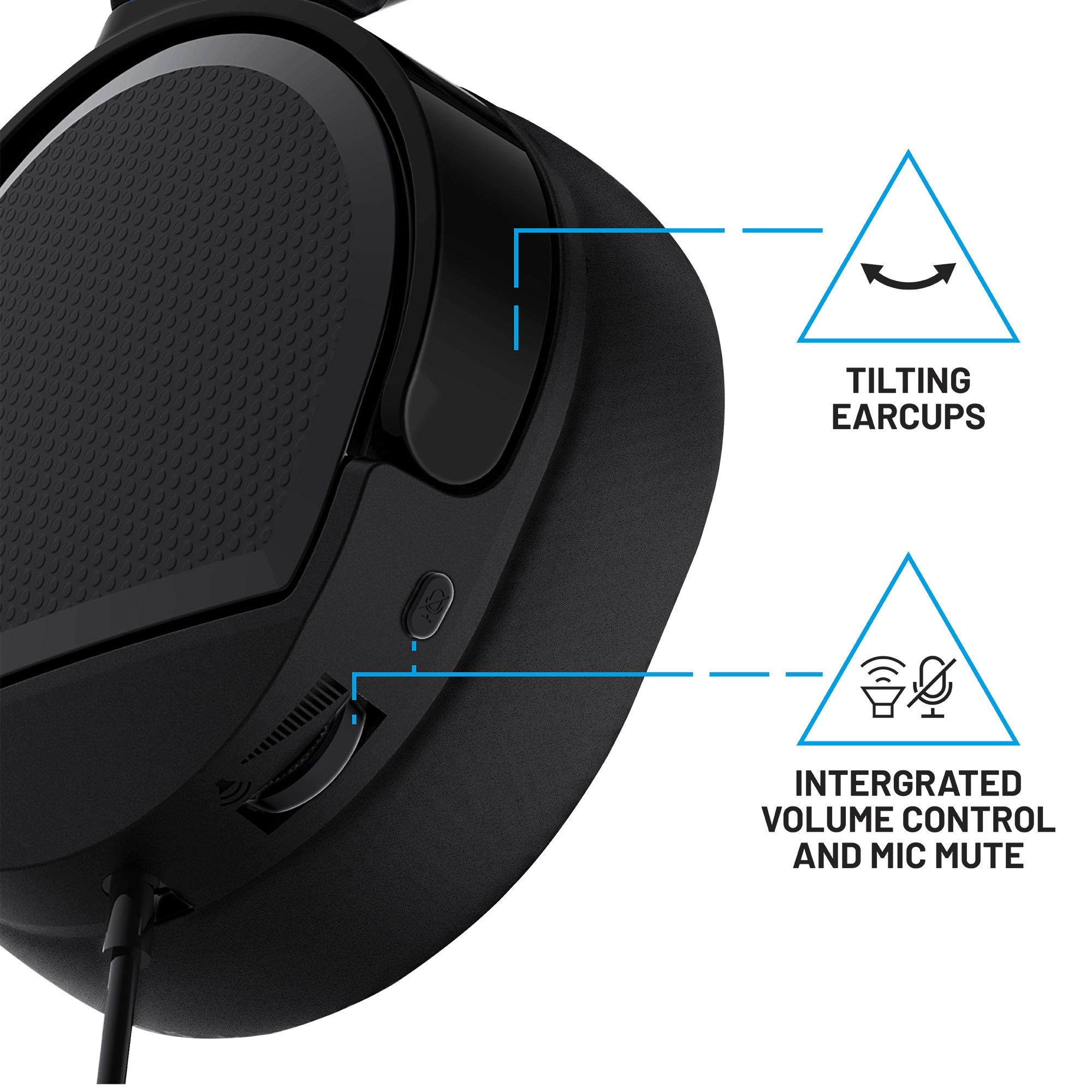 Schwarzes Headset mit kippbaren Ohrmuscheln und integrierter Lautstärkeregelung und Mikrofonstummschaltung.