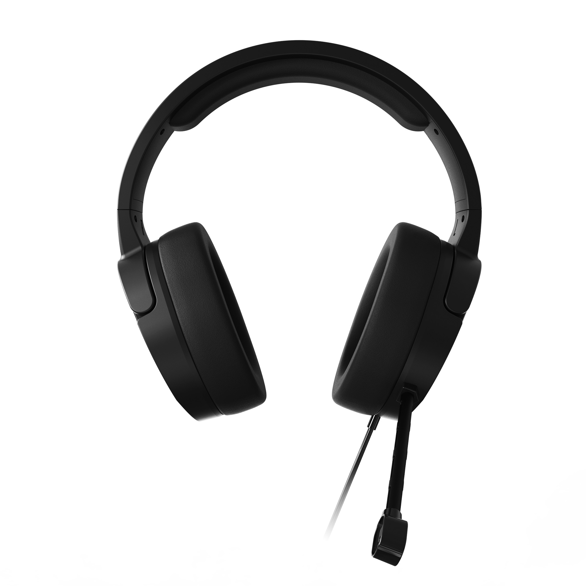 Ein schwarzes Headset mit Mikrofon und Kabel.