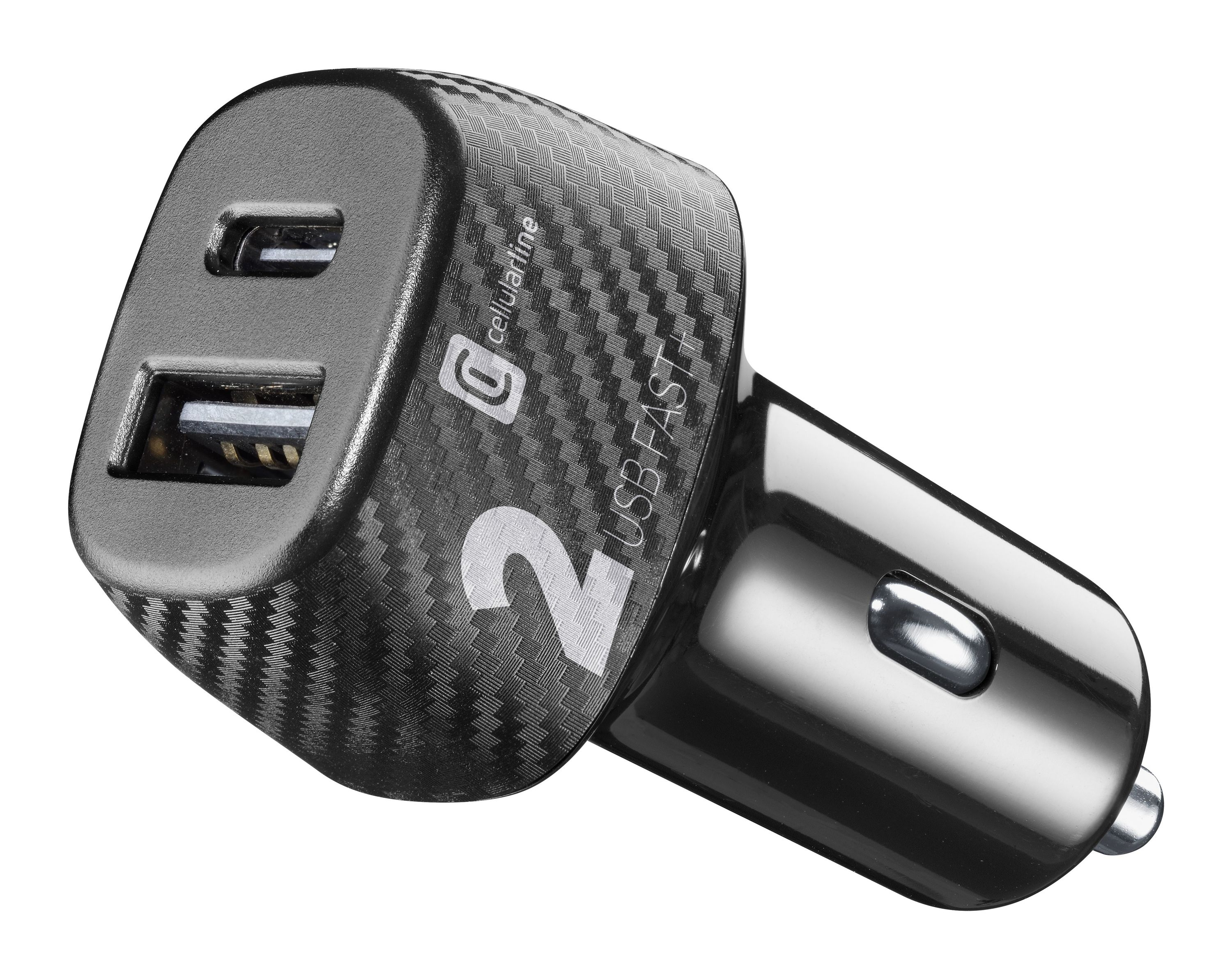 Karbon fiber tasarımlı, iki USB portlu siyah bir araç şarj cihazı.