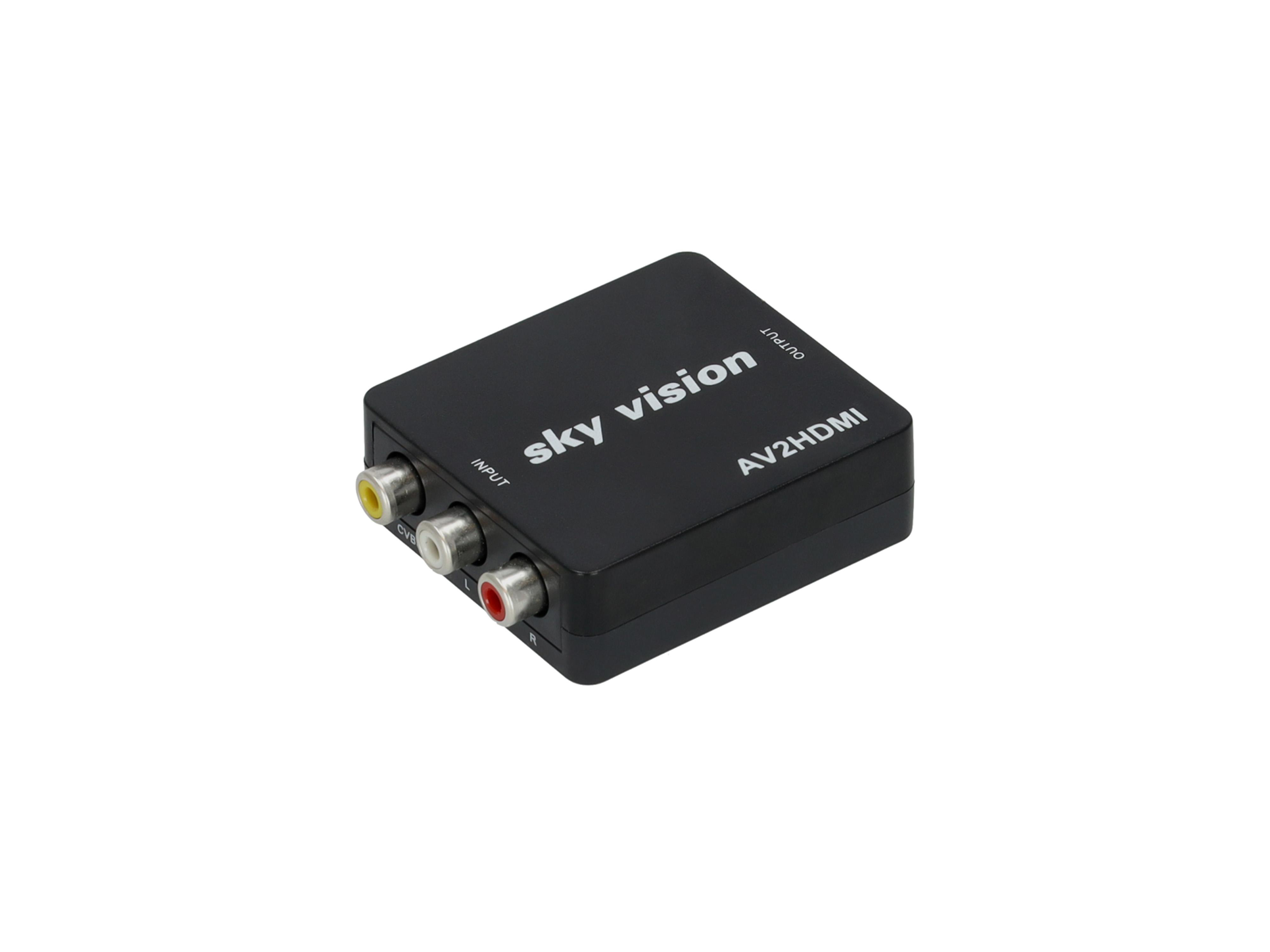 Schwarzer AV2HDMI-Adapter mit beschrifteten Ein- und Ausgängen.