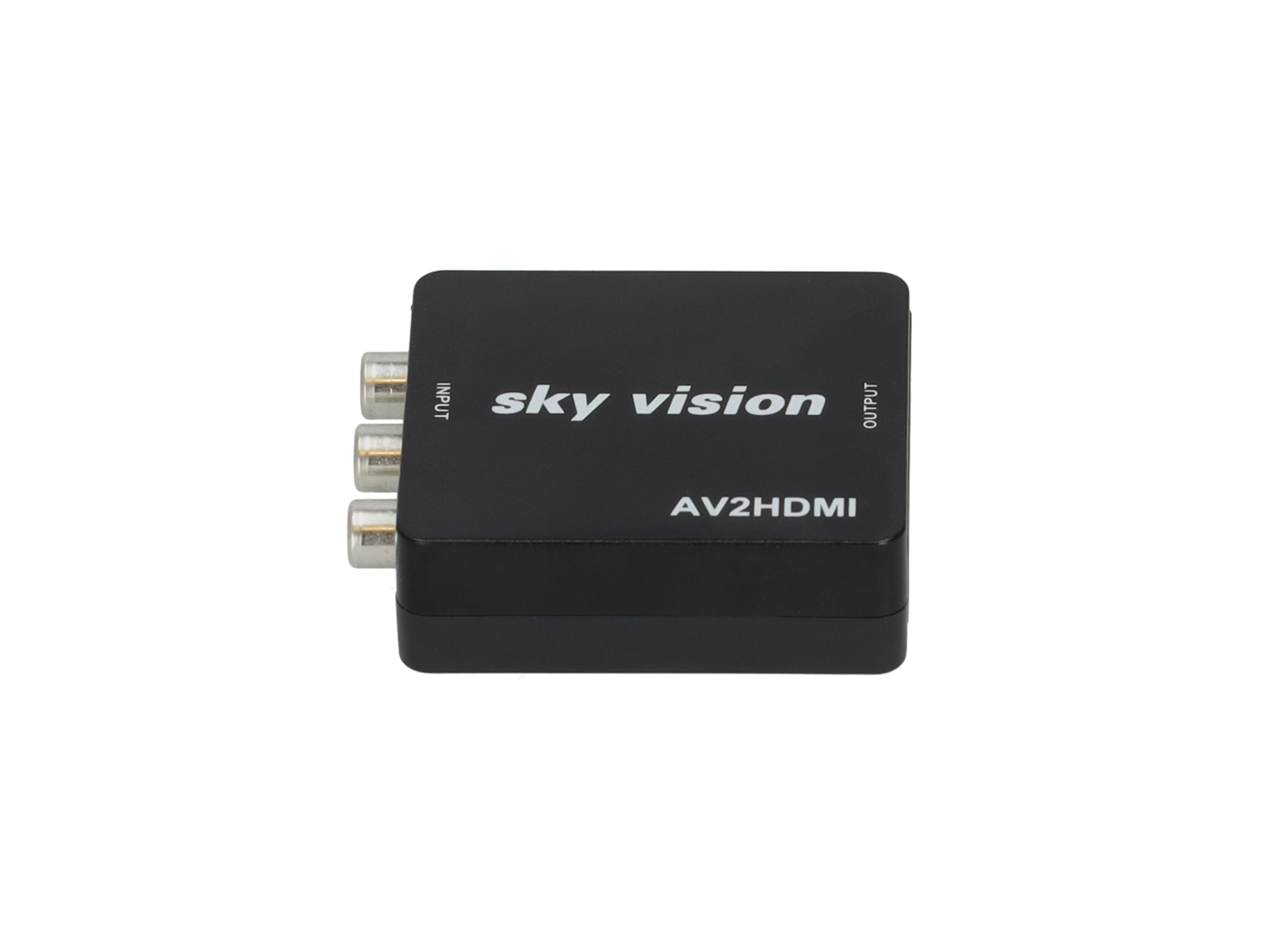 Schwarzer AV2HDMI-Adapter mit Eingangs- und Ausgangsanschlüssen, weißer Text auf der Vorderseite.