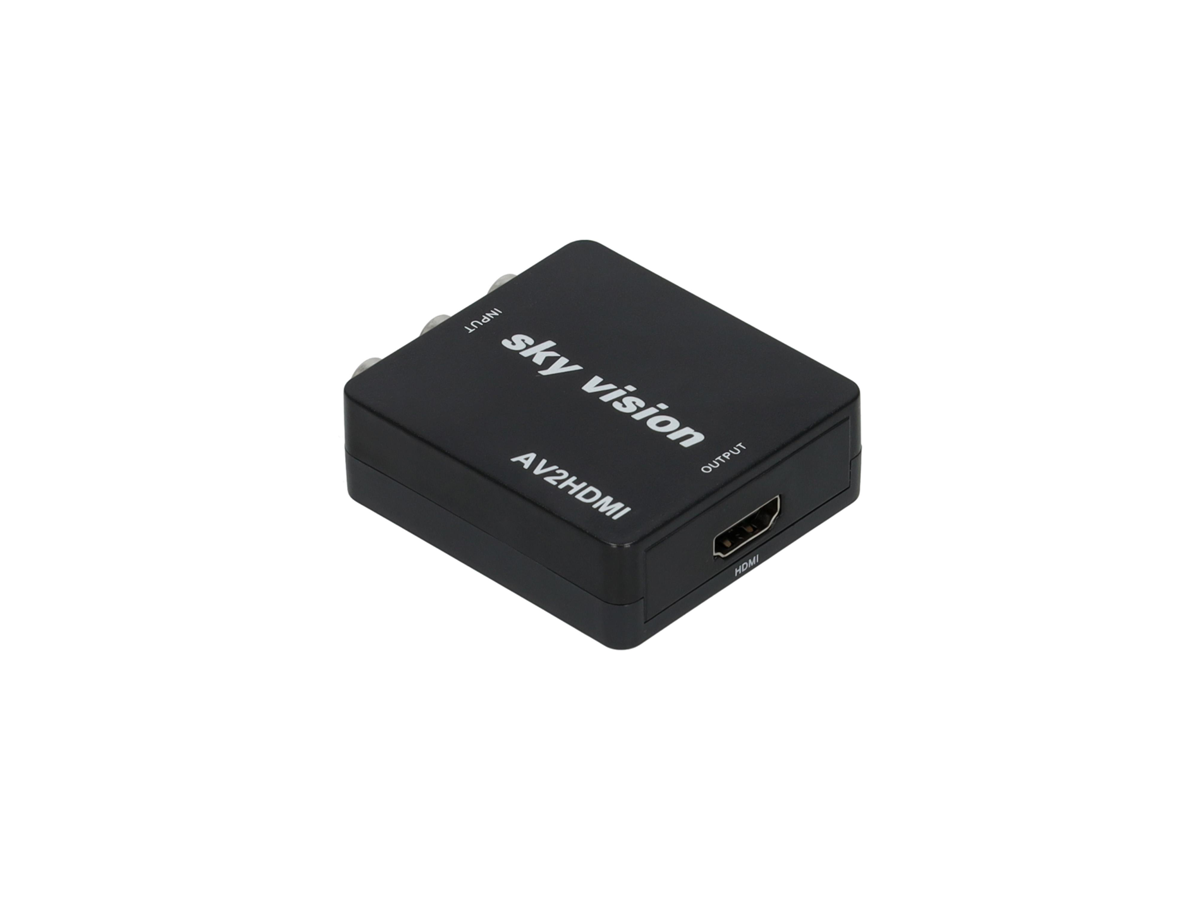 Schwarzer AV2HDMI-Adapter mit Ein-/Ausgangsanschlüssen, beschriftet, isoliert auf weißer Oberfläche.
