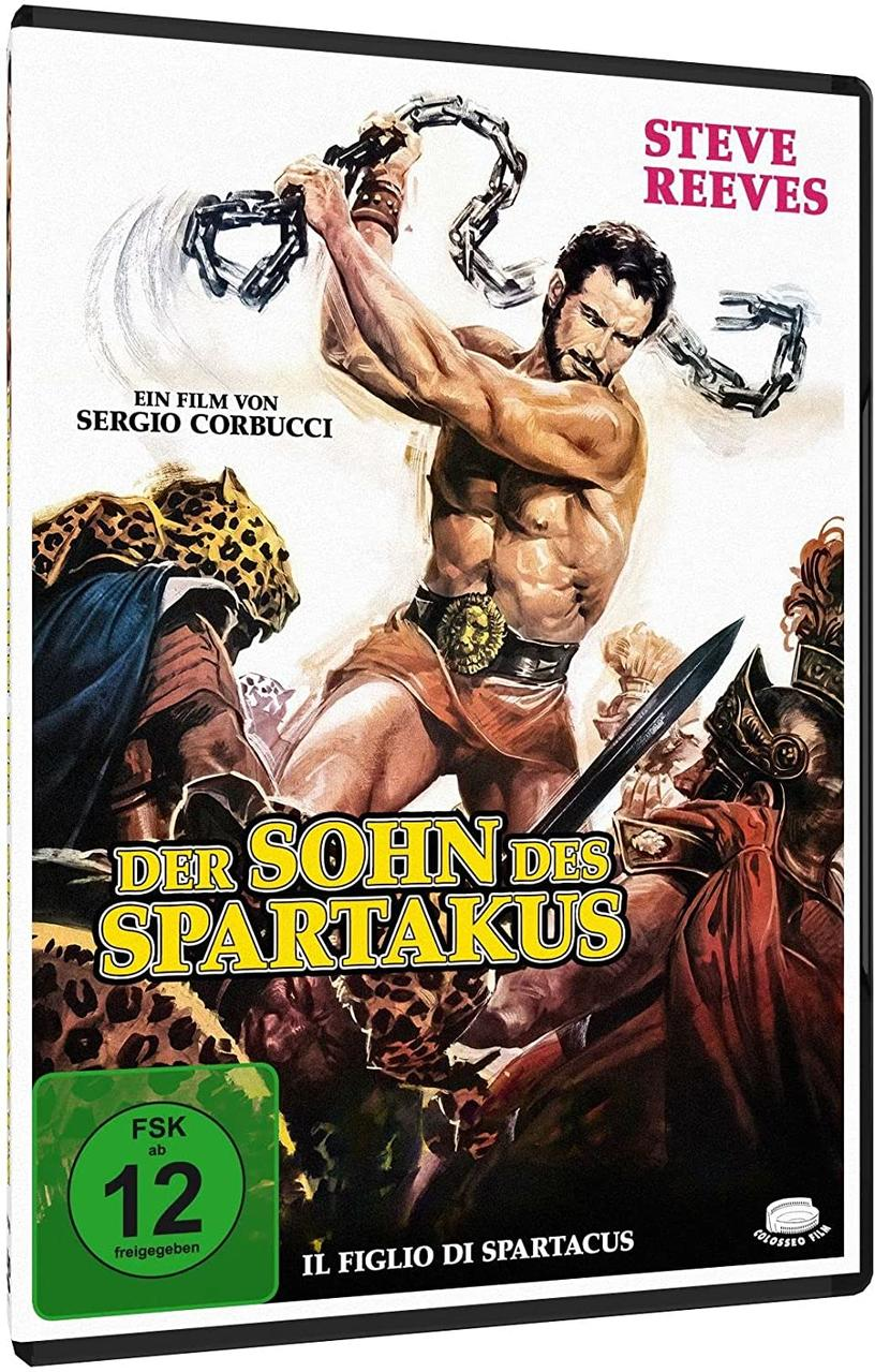 DVD-Cover mit einem Mann, der eine Kette hält. Der Titel lautet 'Der Sohn Des Spartakus'. Der Hintergrund ist eine Kampfszene.