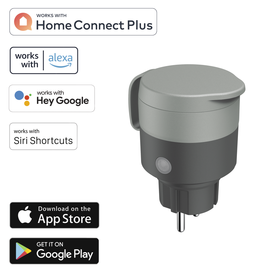 Okos dugó, Home Connect, Alexa, Hey Google és Siri Shortcuts logókkal.