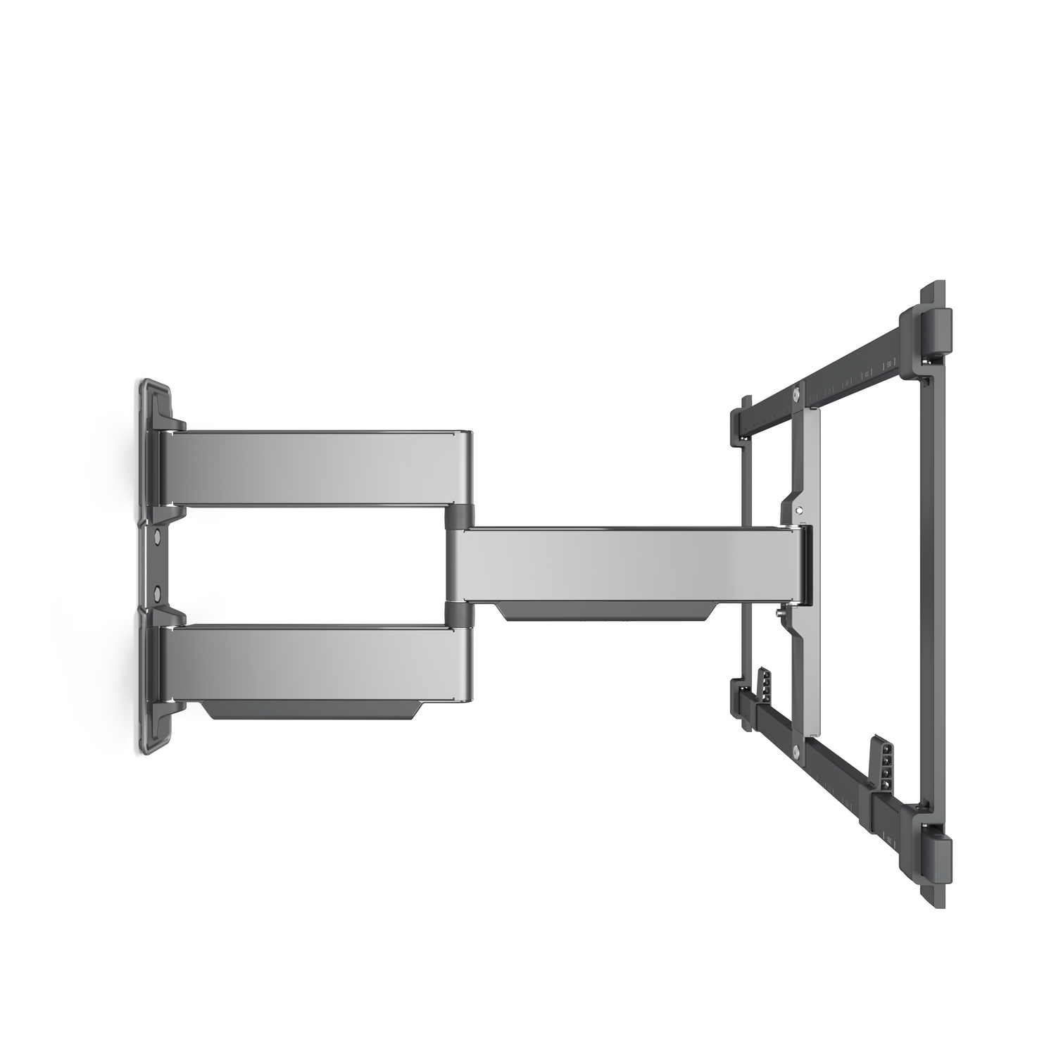 A silver TV wall mount, composed of articulated arms and mounting plates, against a white background.