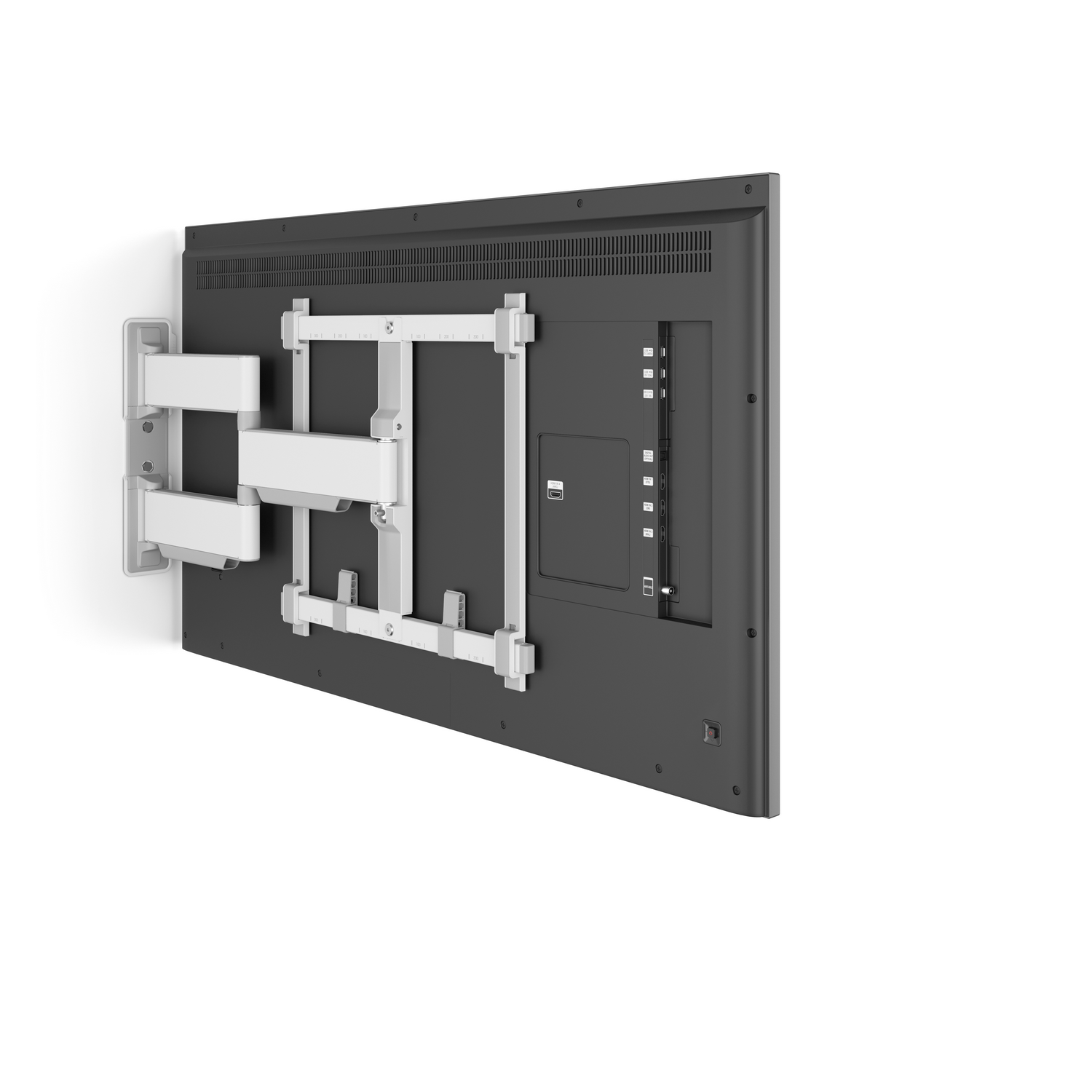 Een grote, donkergrijze tv is aan een witte muur gemonteerd. Een wit beugelsysteem is aan de tv en de muur bevestigd.