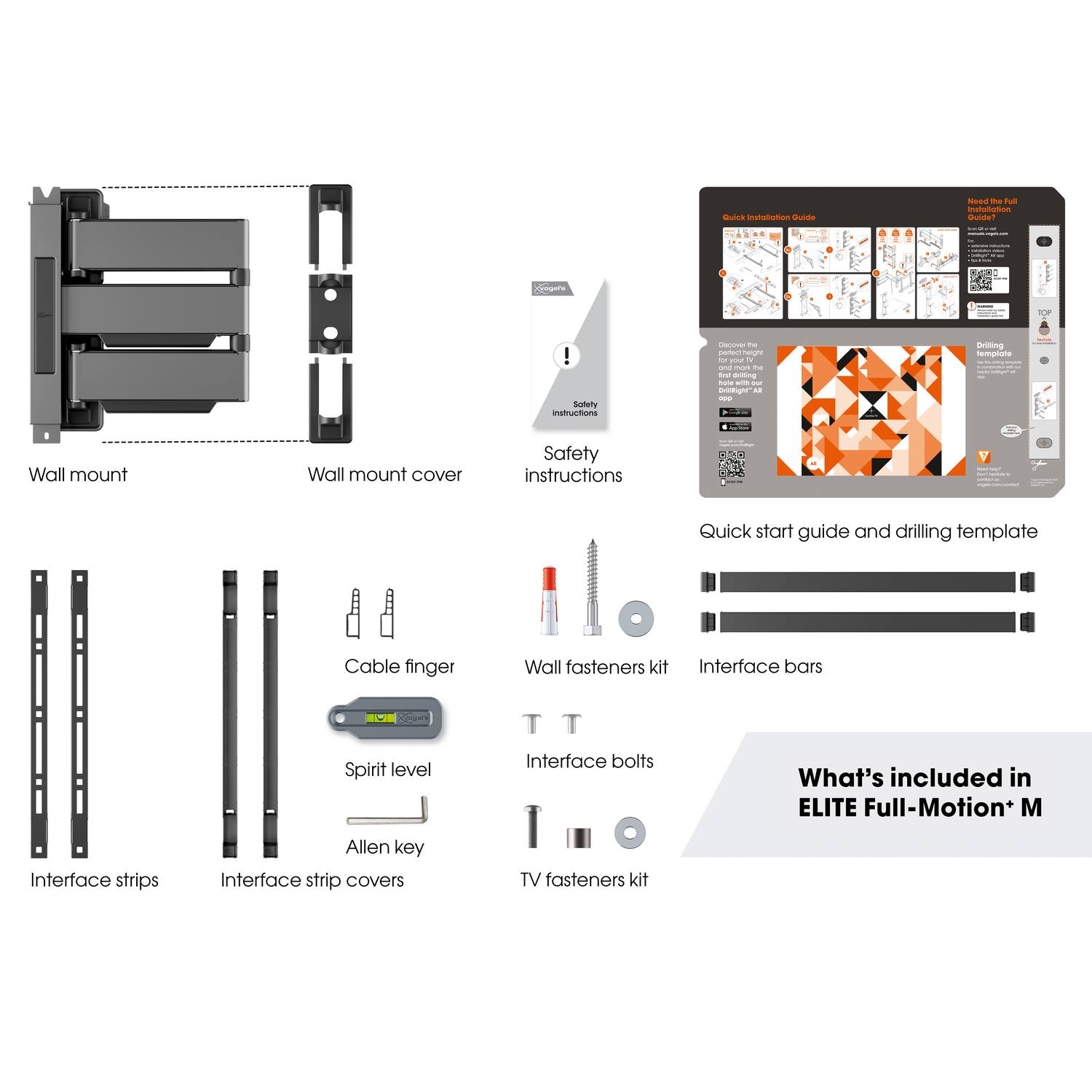 Afbeelding toont componenten van een tv-muurbevestigingskit: muurbevestiging, instructies, schroeven, waterpas en interface strips.