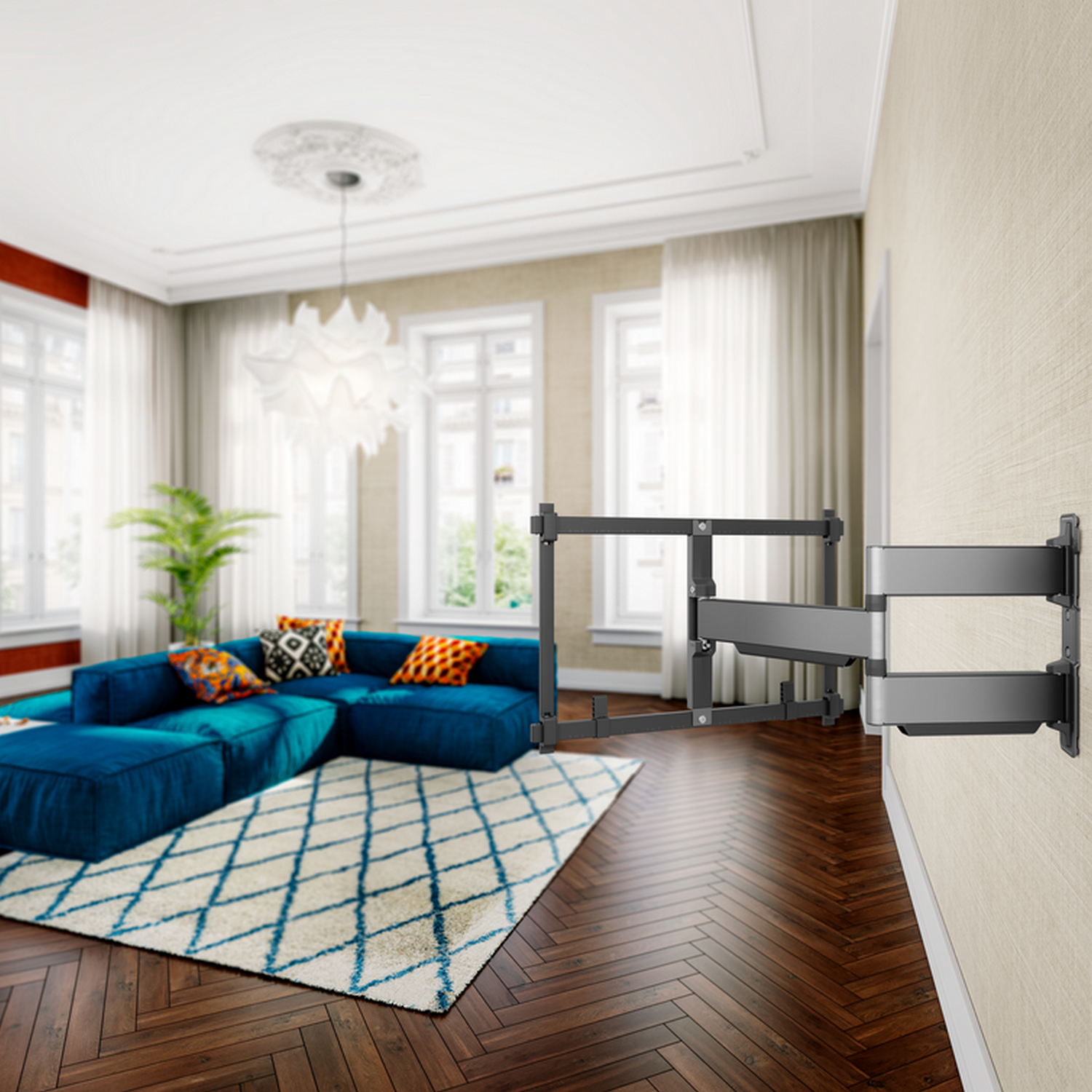 Living room with a blue sofa, a patterned rug, a TV mount, and white walls.
