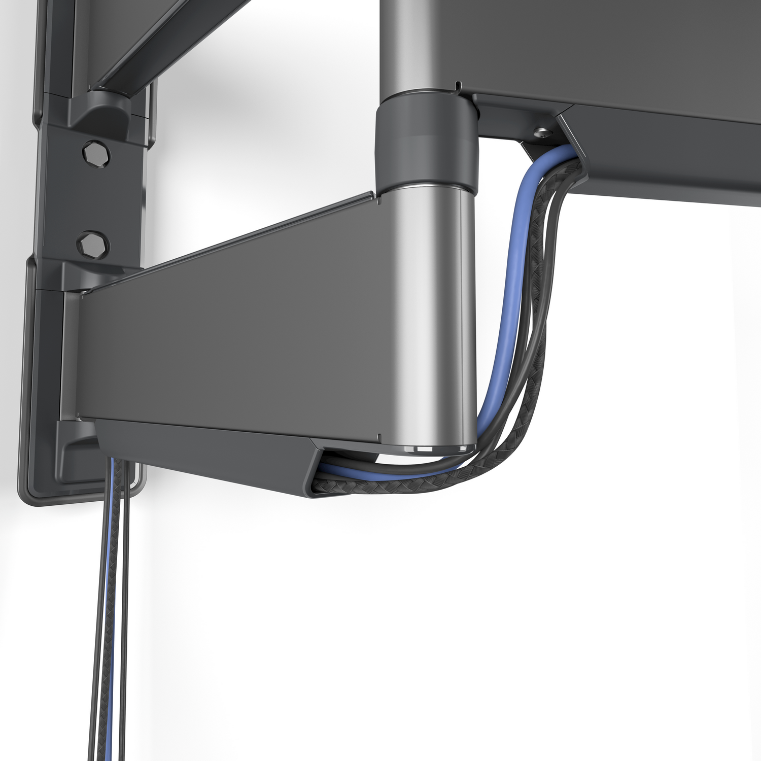 Bracket with cables, mounted on a white wall.