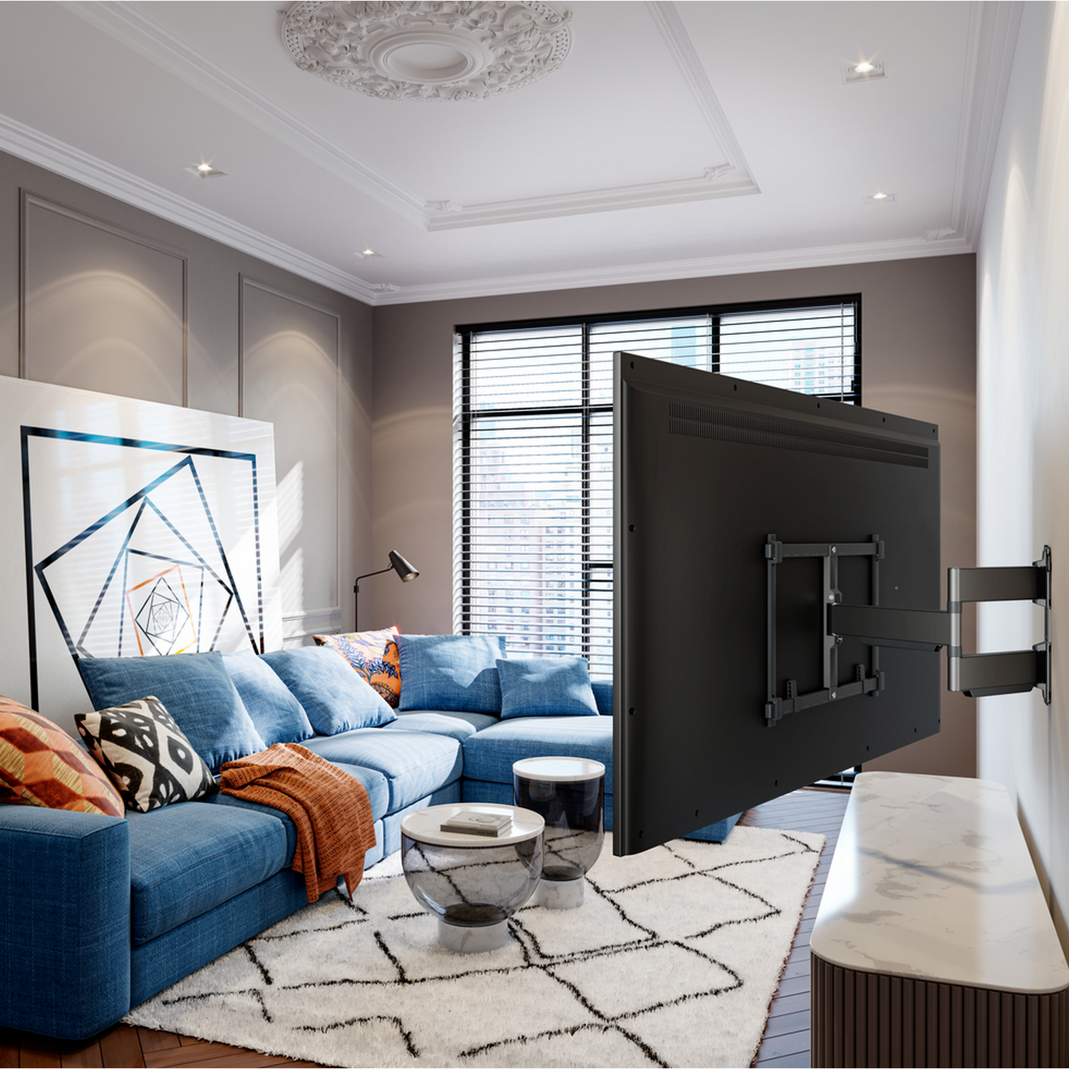 Living room scene with blue sofa, rug, TV, and city view. Decorative ceiling, and white wall.