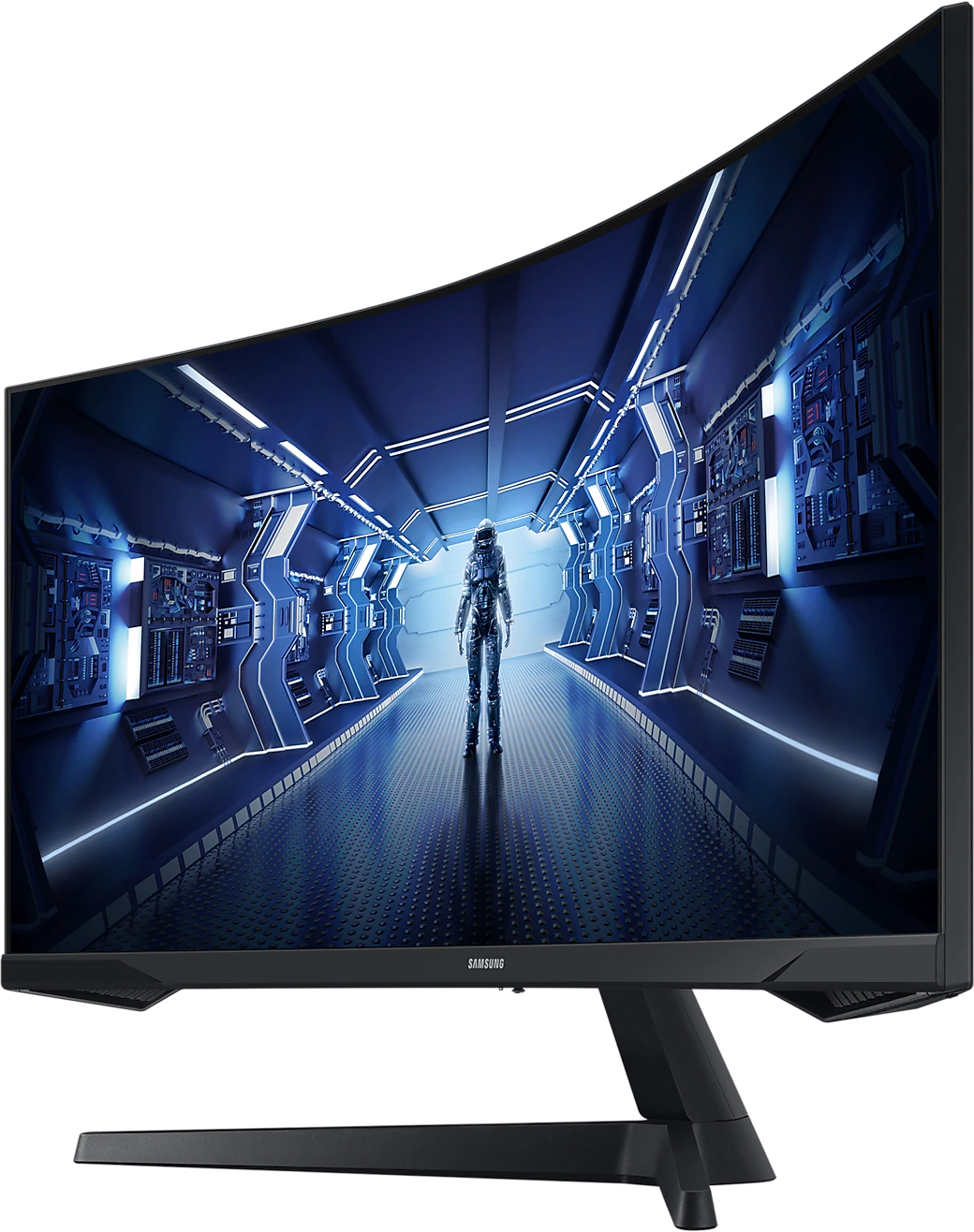 Ívelt Samsung monitor, futurisztikus jelenetet mutat egy öltönyös figurával.