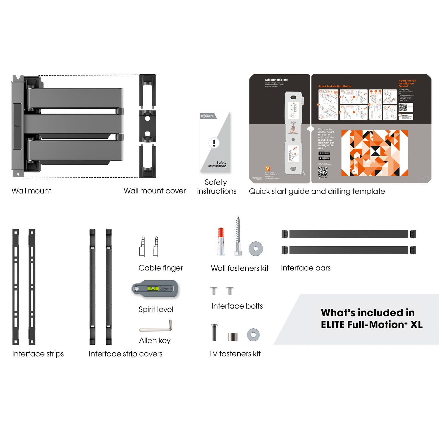 A set of components for mounting a TV to a wall, including instructions and tools.