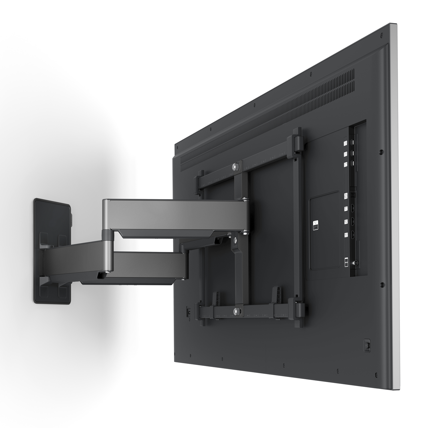 TV mounted on a wall with an adjustable arm. The TV is black, the wall is white.