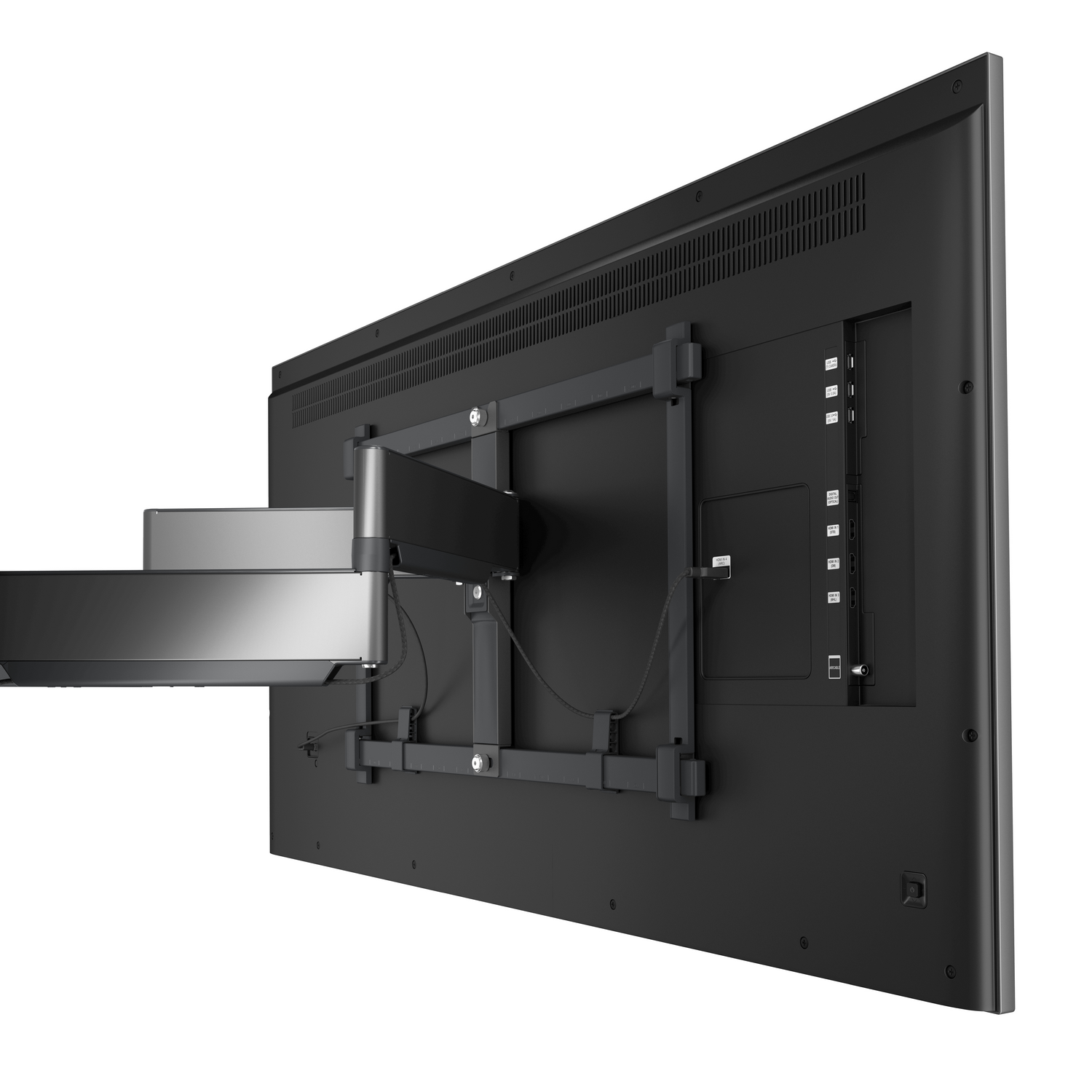 A black TV mounted on a wall with a black articulating arm, showing the back panel.