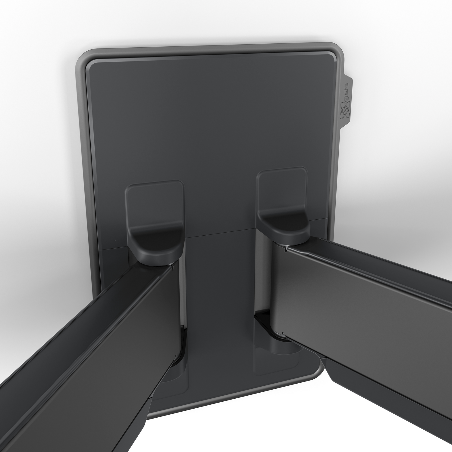 A dark gray monitor arm, mounted on a white wall, with a clean, modern design.