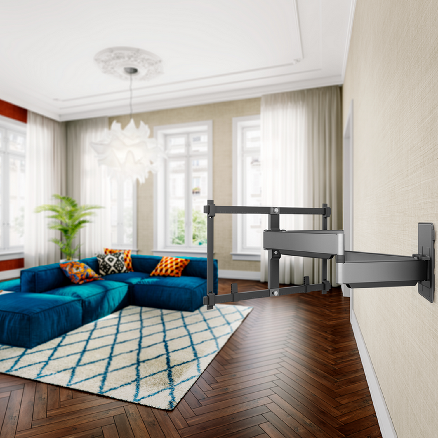 A modern wall-mounted TV bracket in a living room setting.