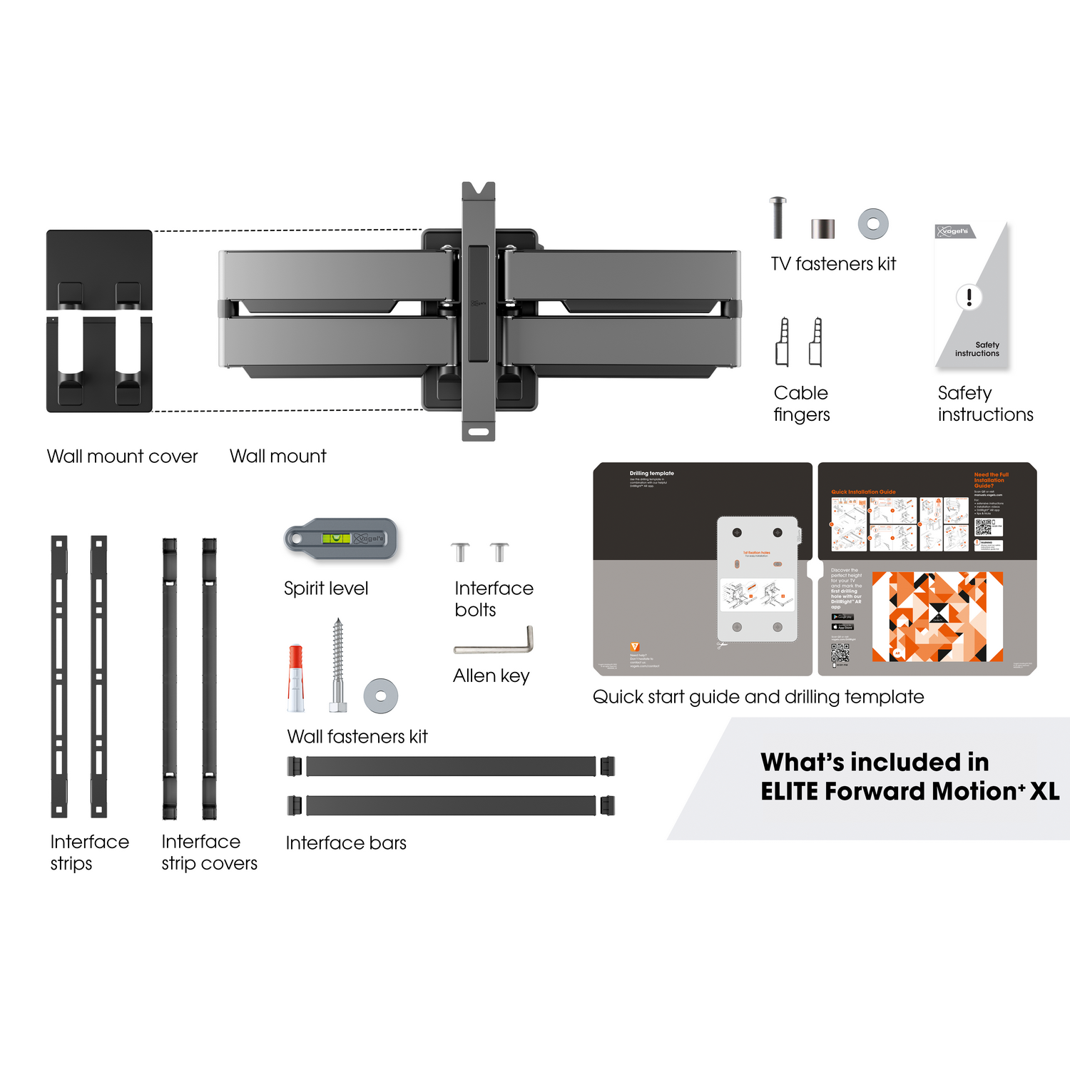 A collection of TV mounting hardware, including brackets, screws, and a level.