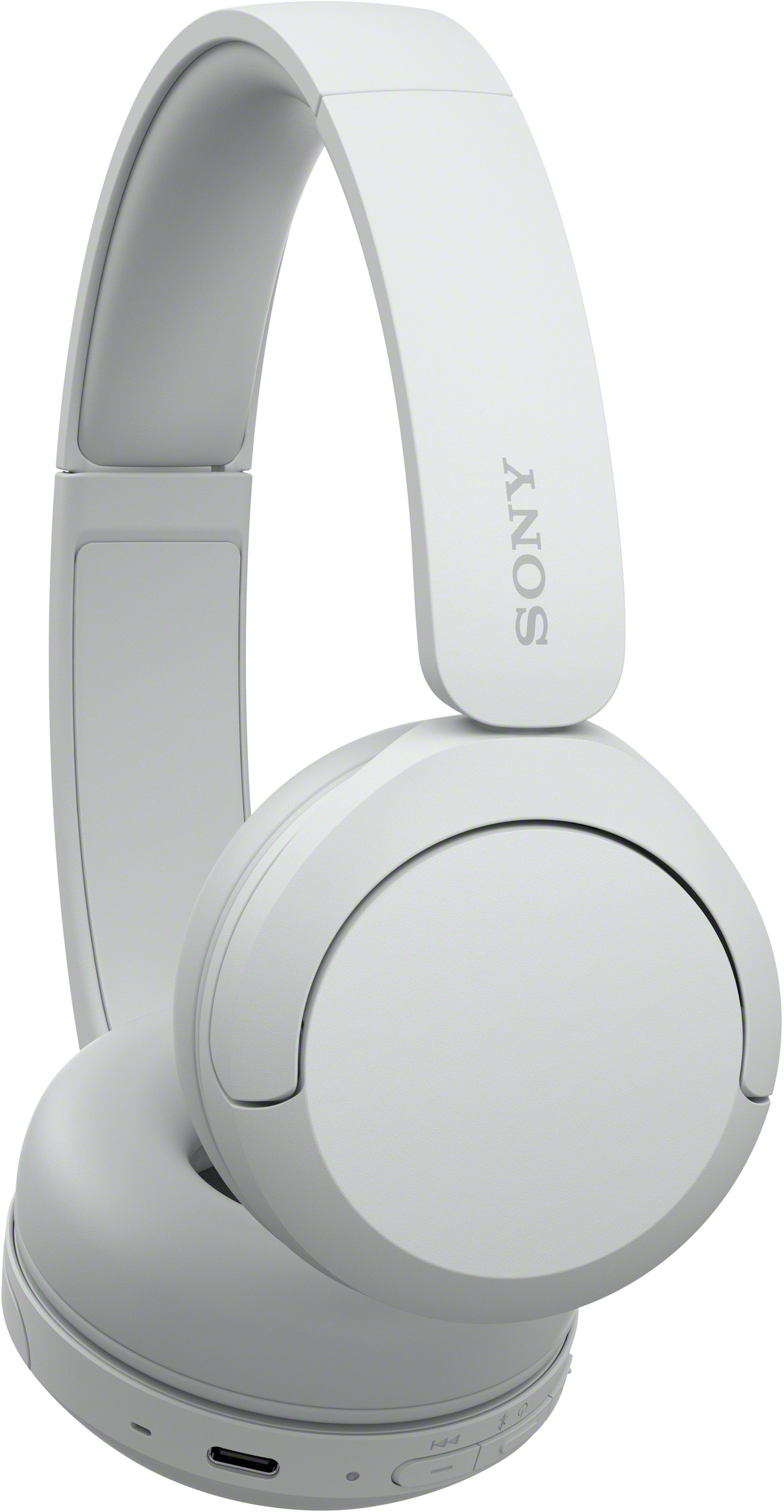 Casque Sony blanc. Le casque est supra-auriculaire et porte le logo Sony sur l'arceau.