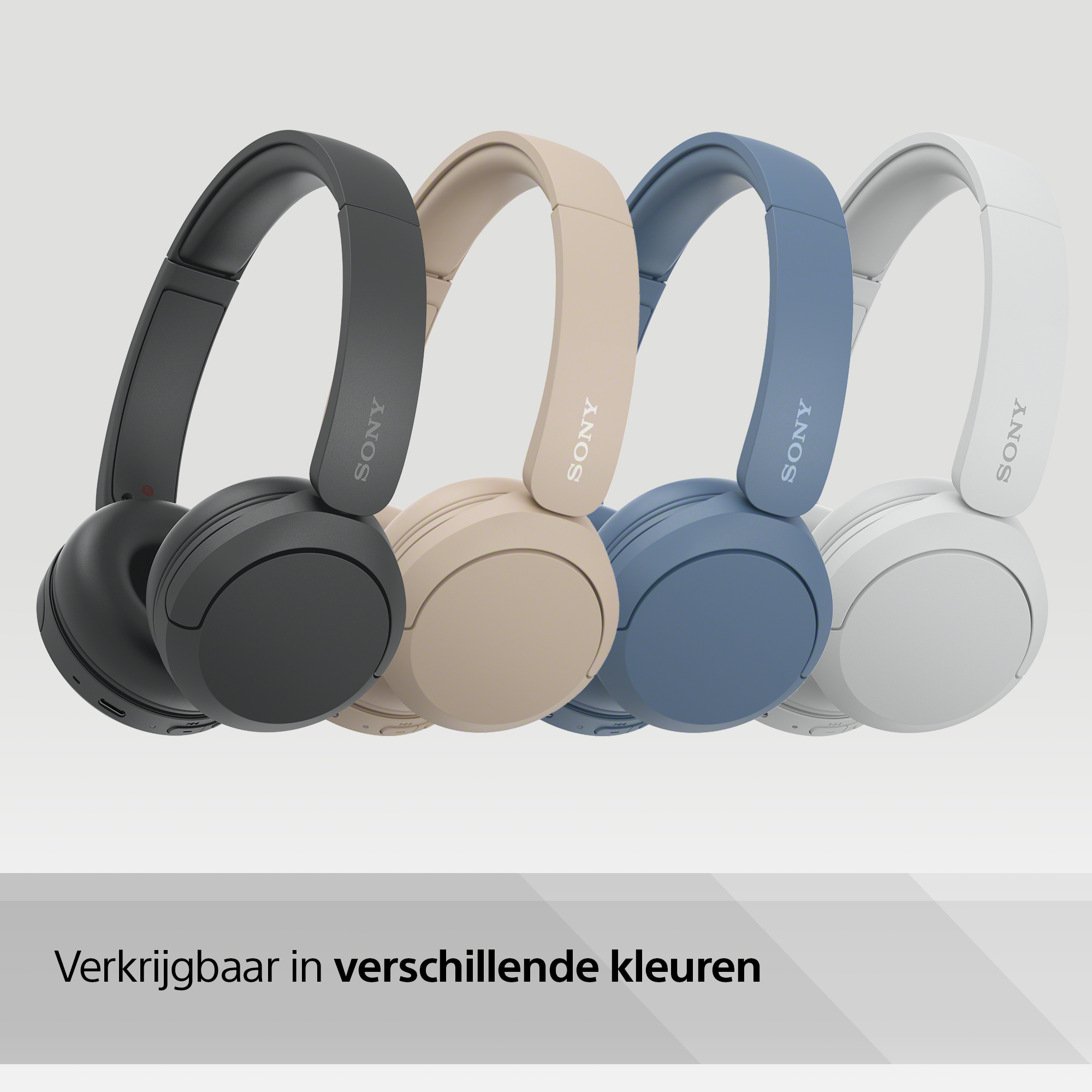 Four wireless headphones in different colors: black, beige, blue, and white.