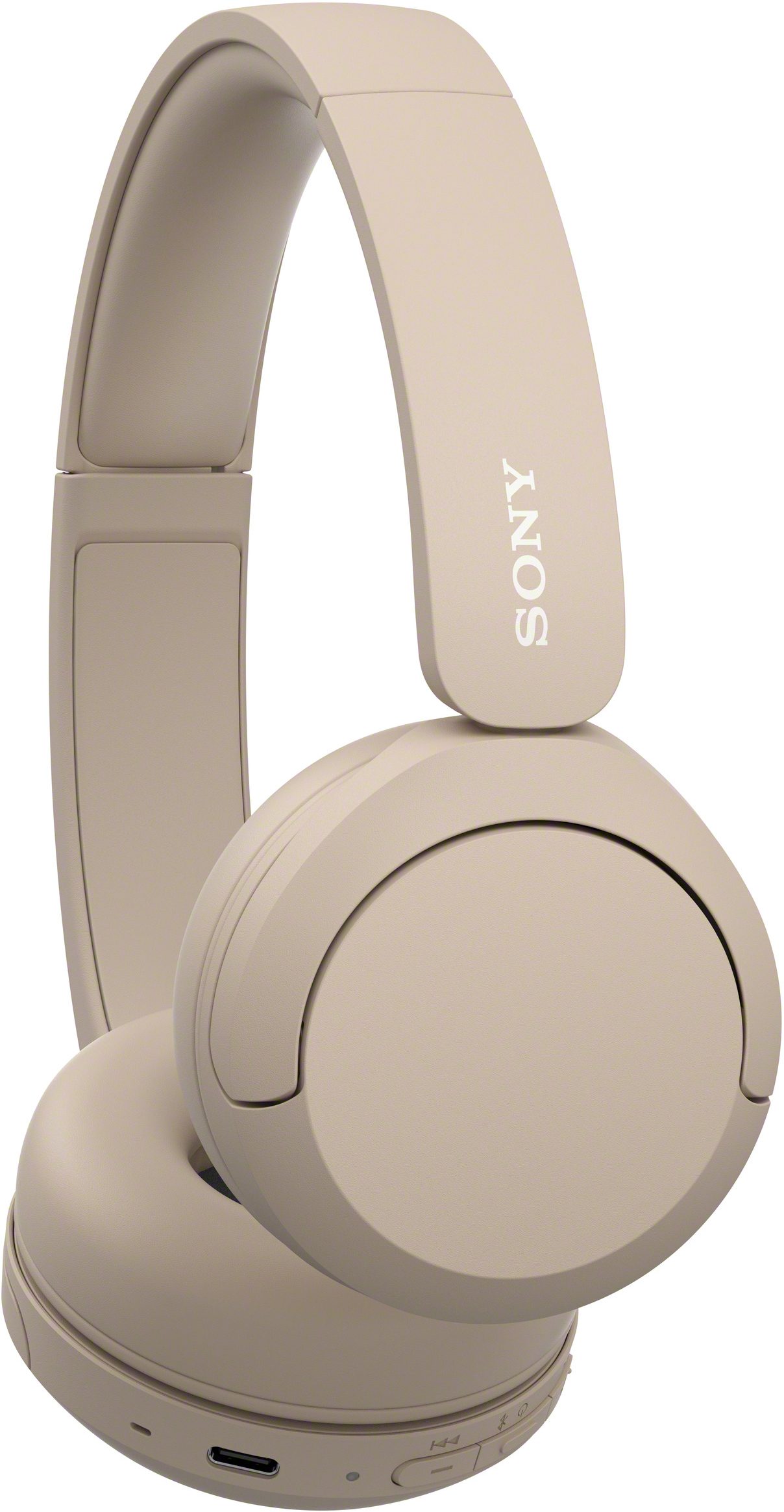 Beige Sony-hoofdtelefoon. De rechter oorschelp is iets naar de kijker gekanteld.