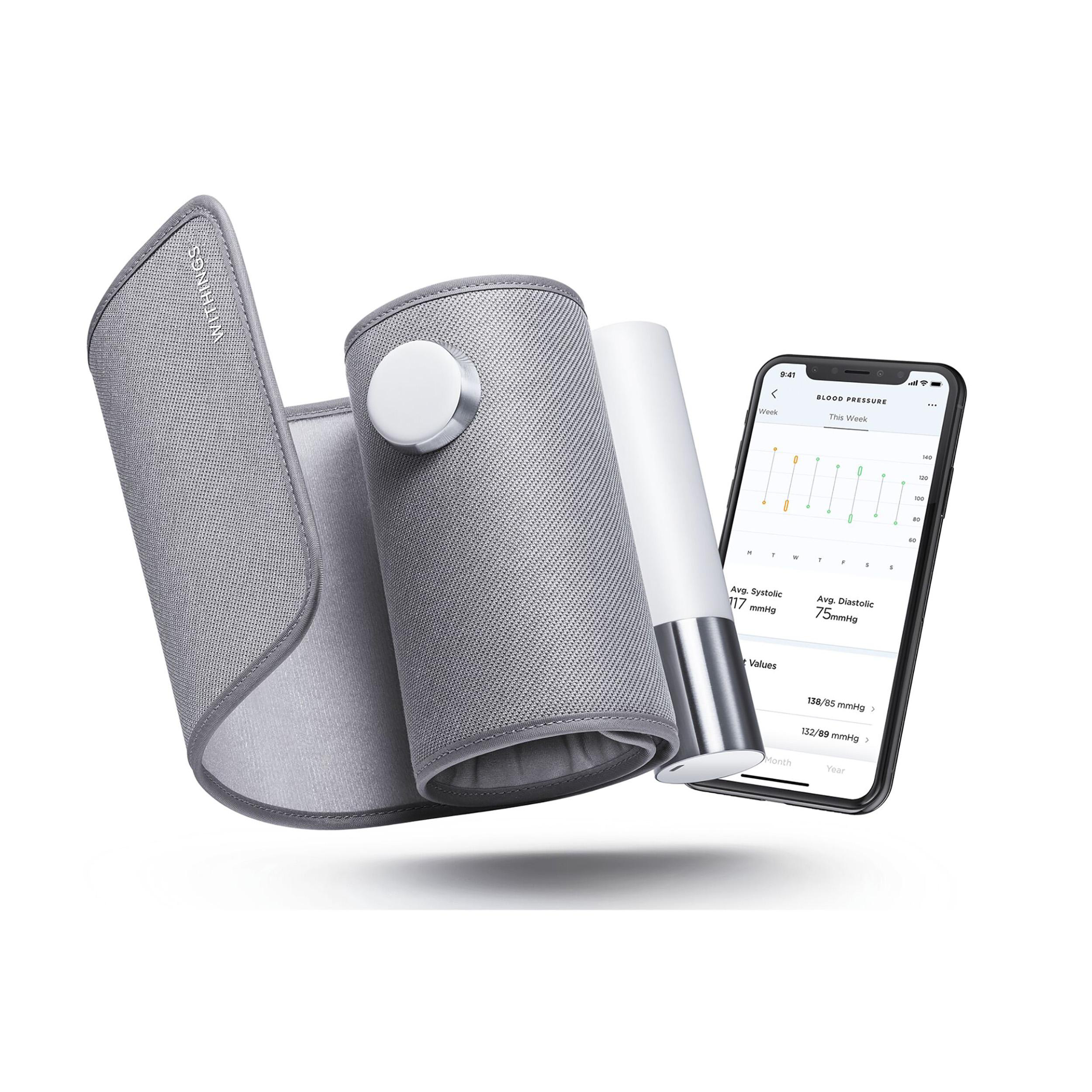 Ein graues Blutdruckmessgerät und ein Smartphone mit Blutdruckmesswerten.