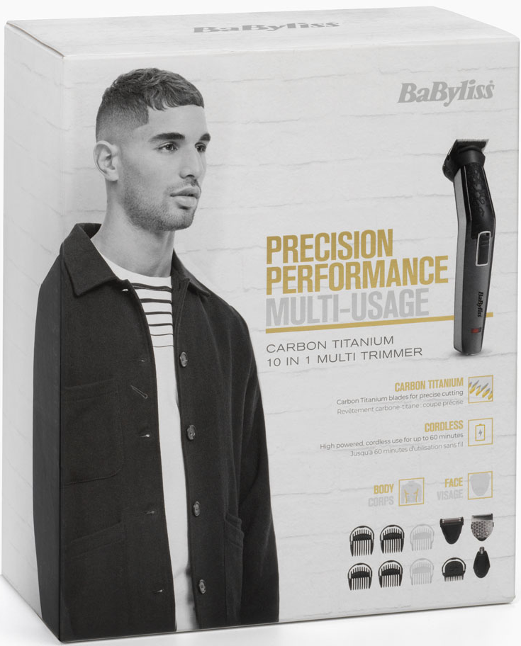 Emballage d'une tondeuse BaByliss 10 en 1 avec un homme et des accessoires.