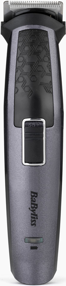 Tondeuse gris foncé avec motif noir et interrupteur.