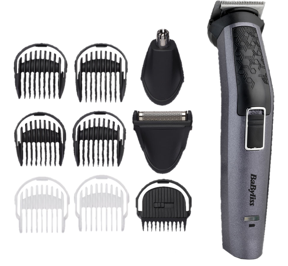 Une tondeuse BaByliss grise avec plusieurs accessoires : sabots, tondeuse nez, rasoir foil.