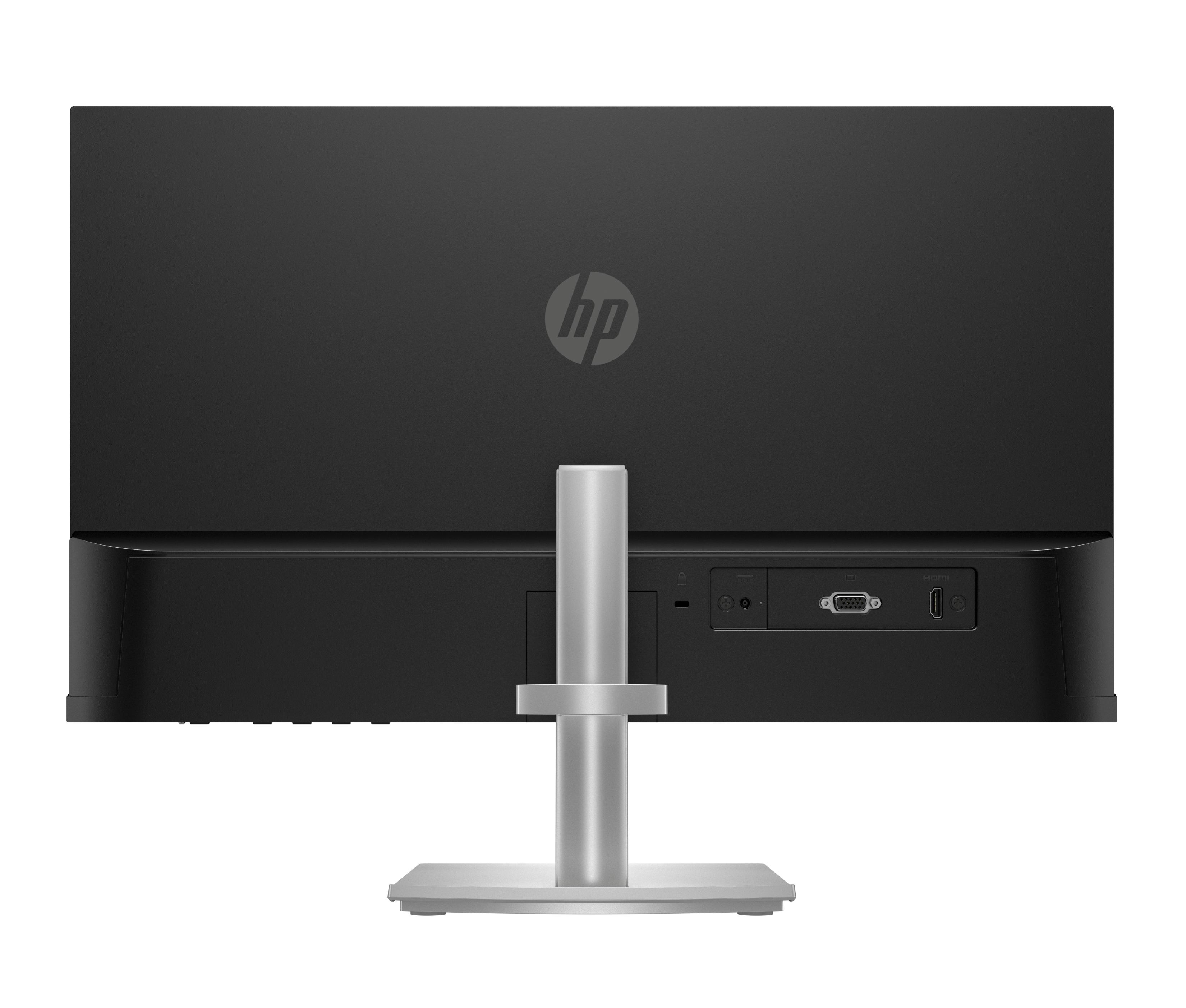 Die Rückseite eines schwarzen HP-Monitors. Es gibt Anschlüsse und einen Ständer.