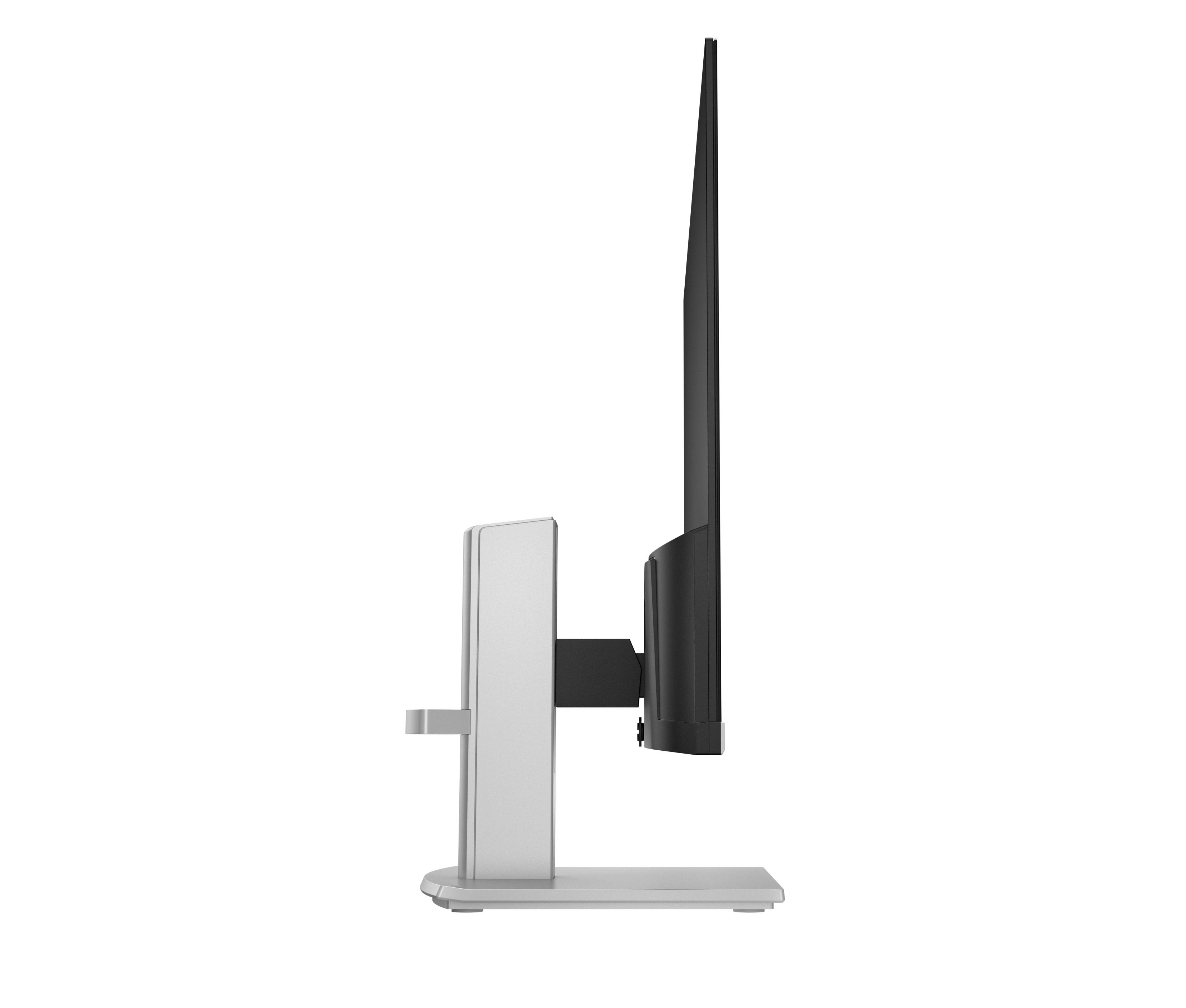 Ein Computermonitor im Profil. Es ist grau und schwarz, mit einem Ständer. Der Hintergrund ist weiß.