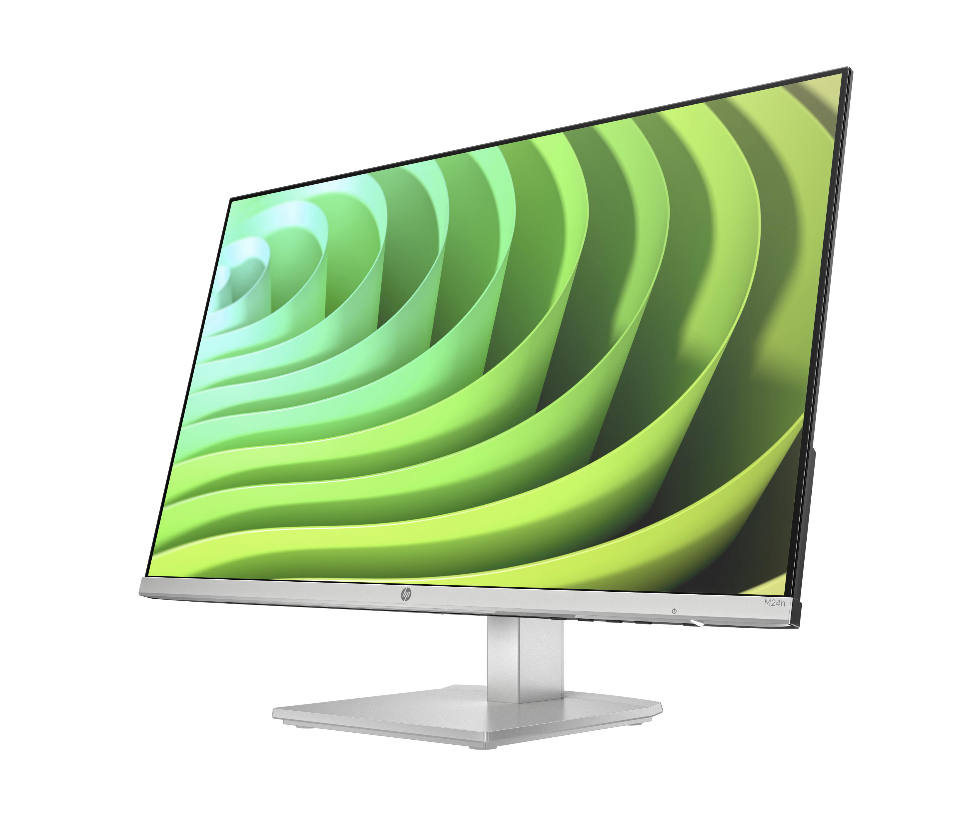 HP Monitor mit grünem, abstraktem Hintergrund. Silberner Sockel und Rahmen.
