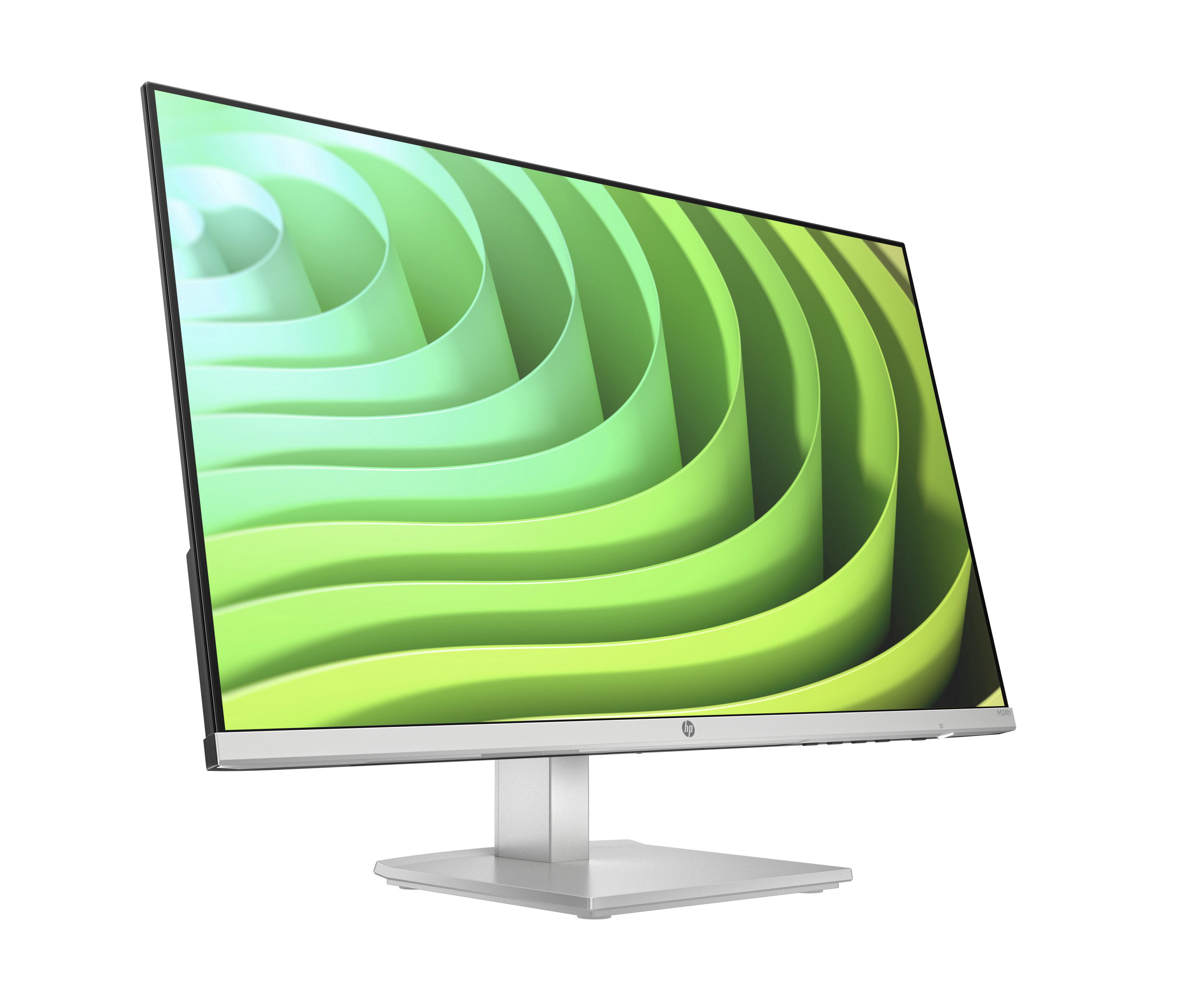 Ein Computermonitor mit einem grünen und gelben abstrakten Design auf weißem Grund.