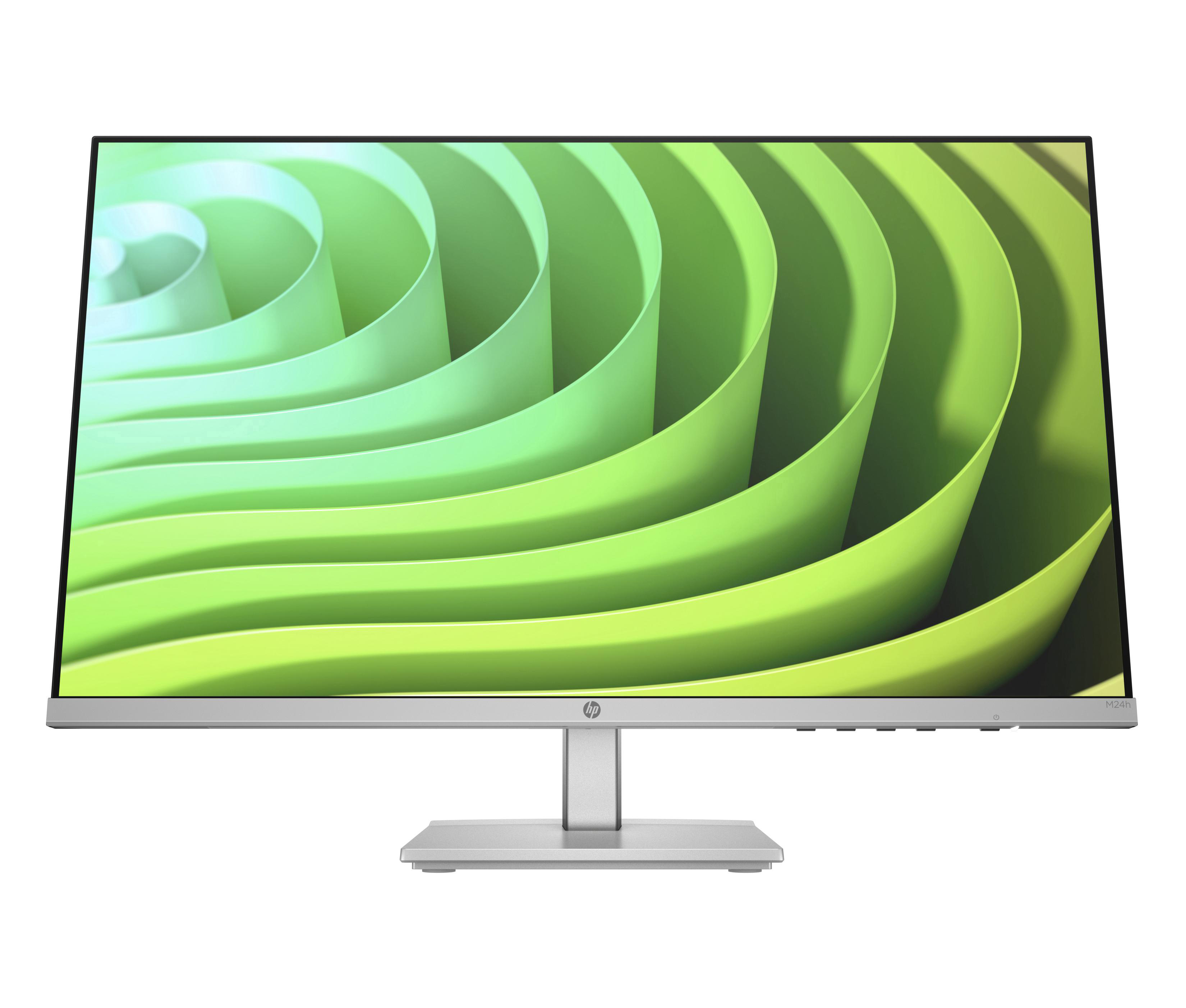 Ein silberner HP-Monitor. Der Bildschirm zeigt ein grünes, geschichtetes, abstraktes Design.