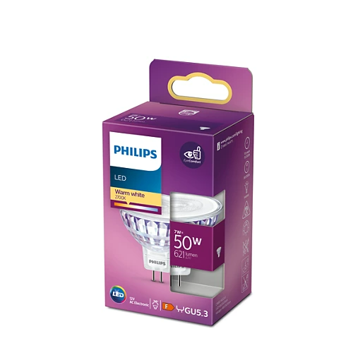Eine Philips LED-Glühbirne in ihrer lila-weißen Schachtel. Die Schachtel enthält Angaben zu Watt, Lumen und weiteren Spezifikationen.