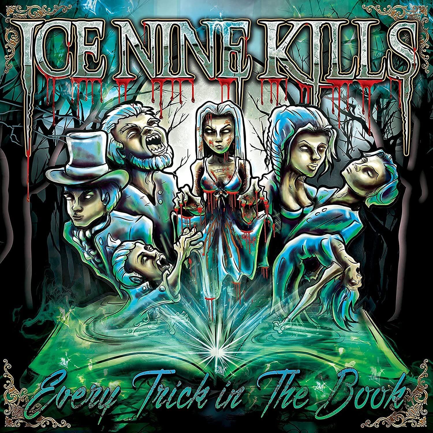 Ice Nine Kills album borító. Horror témájú karakterekkel és szöveggel.