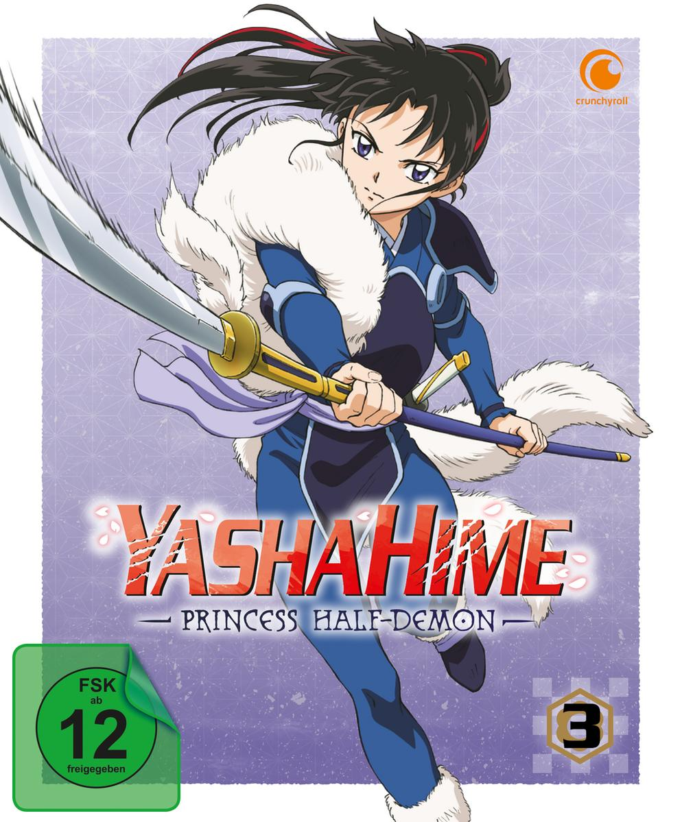 Anime-DVD-Cover: ein Mädchen mit Schwert, Titel 'Yashahime' und das Crunchyroll-Logo.