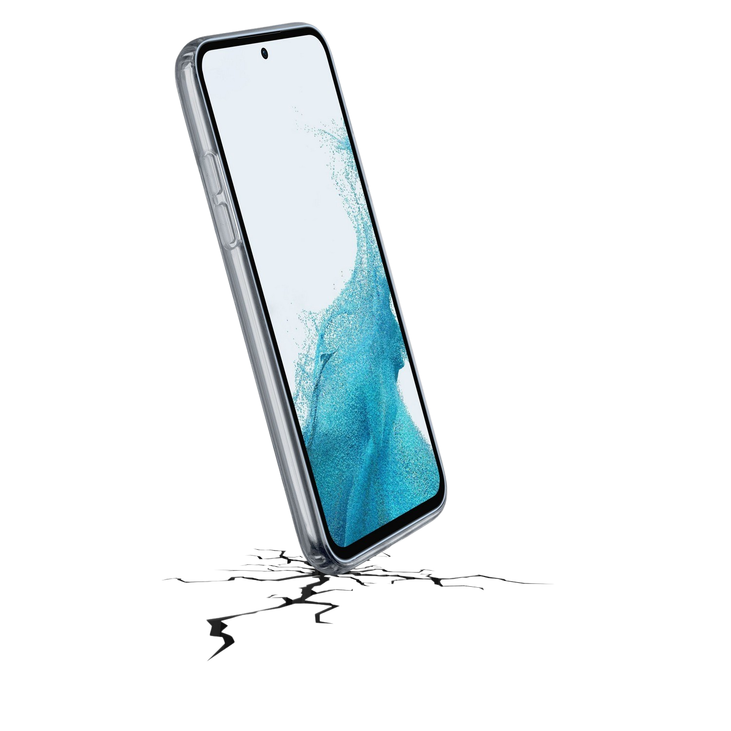 Een smartphone in een transparante hoes is schuin geplaatst, met een scheur eronder.
