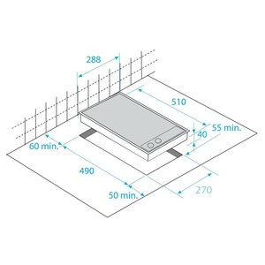Schemat z wymiarami płyty grzewczej. Prostokątny, z wymiarami w milimetrach.