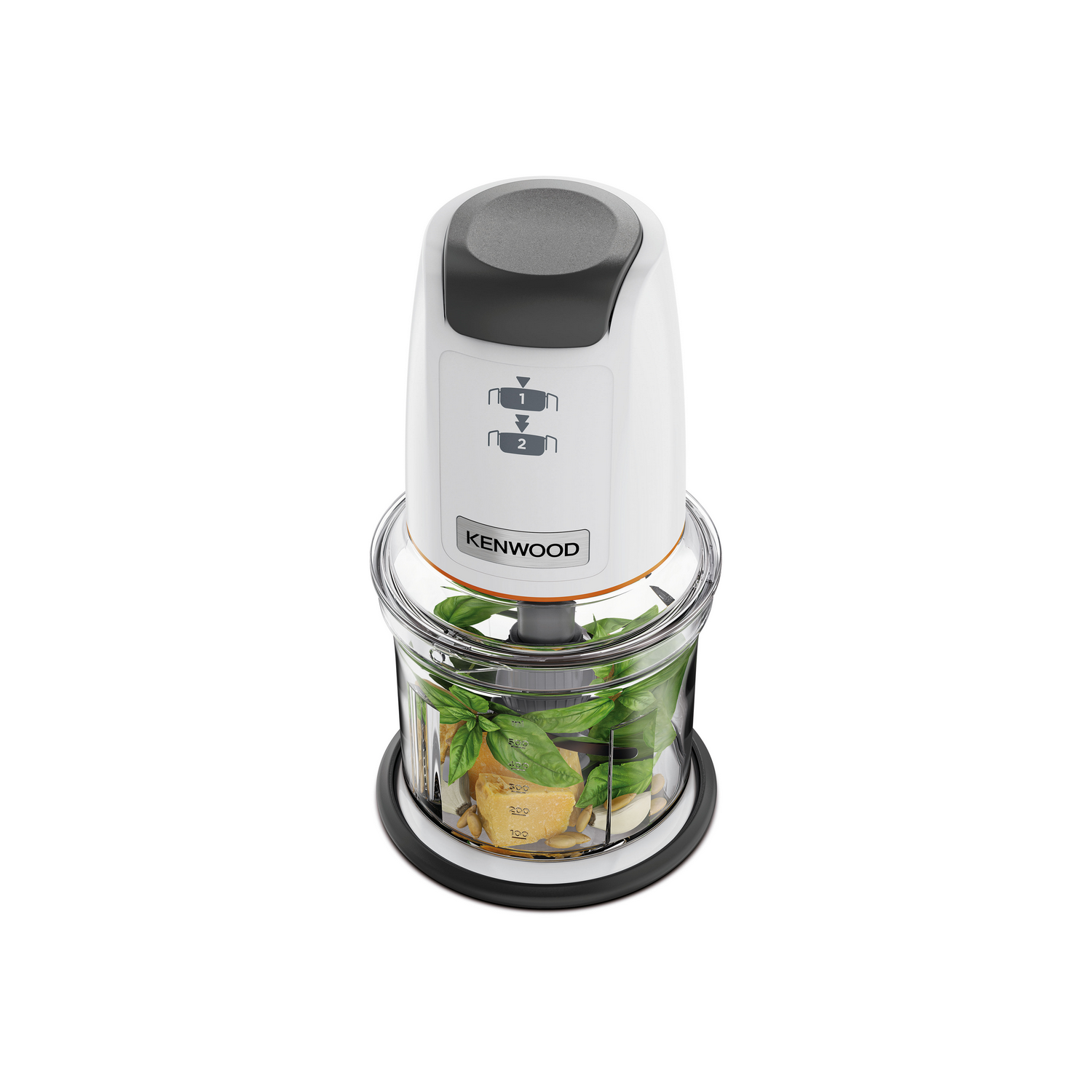 A white and black food processor with a clear bowl filled with green herbs and a few white pieces.