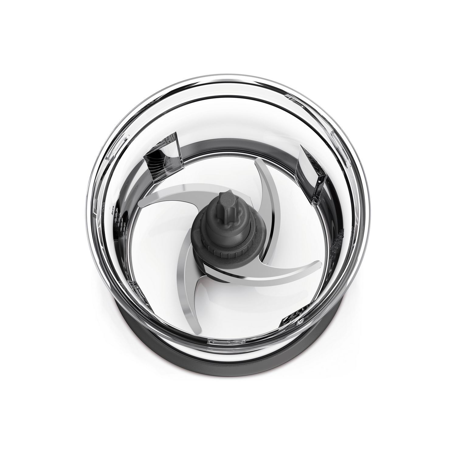 Blender blade assembly, transparent bowl, white background.