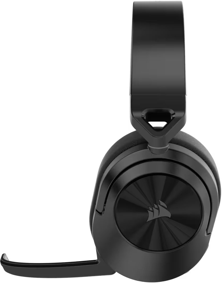 Casque Corsair noir, vue latérale, avec un microphone.