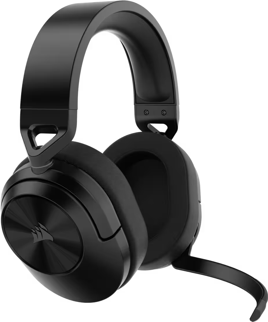 Casque gaming Corsair noir. Coussinets rembourrés, bandeau réglable et micro. Sur fond blanc.