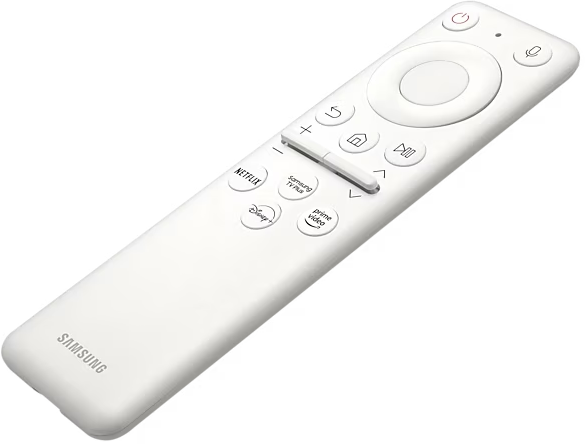 Eine weiße Samsung-Fernbedienung mit verschiedenen Tasten, einschließlich Netflix, Disney+ usw.
