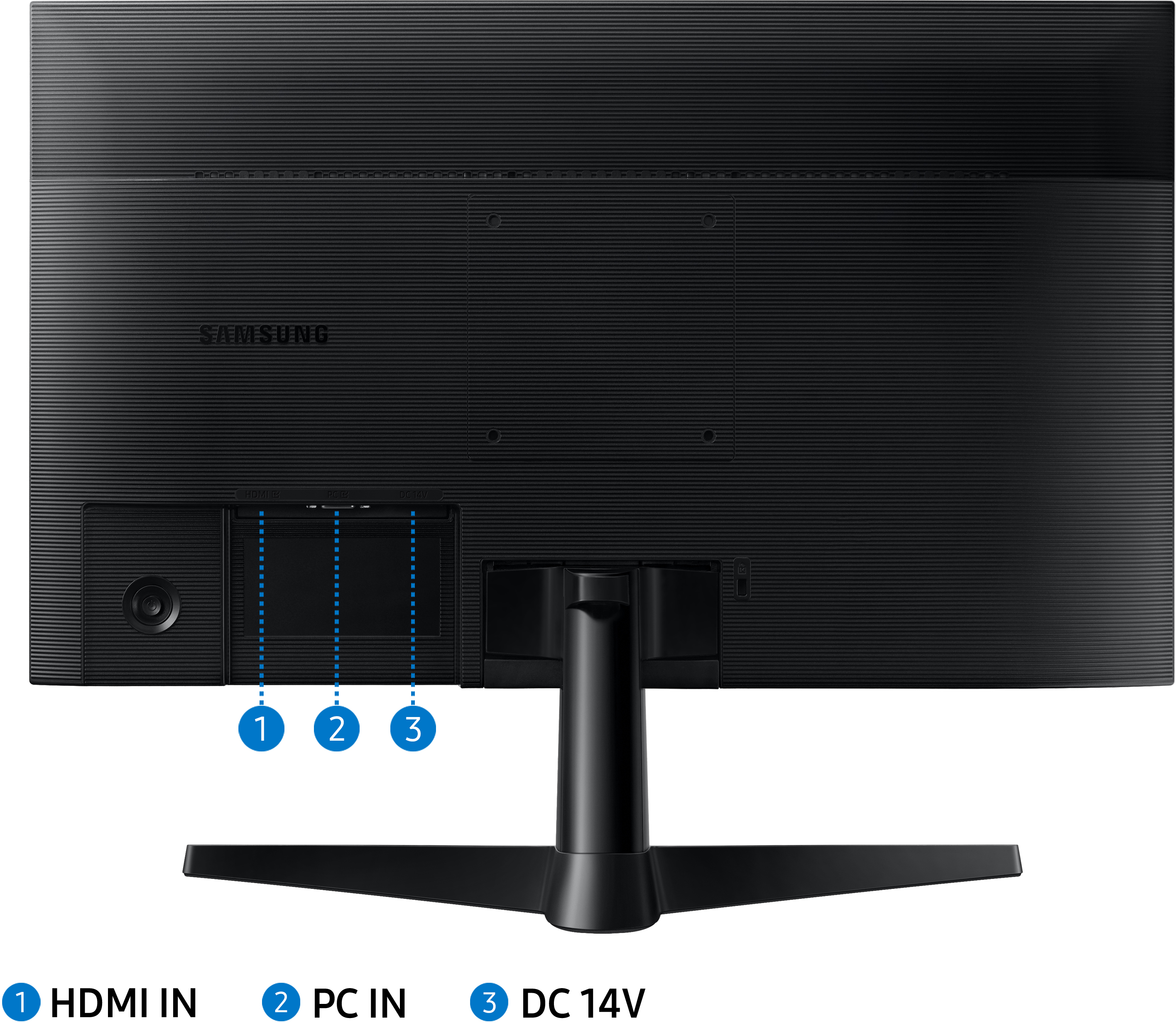 Rückseite eines schwarzen Samsung Monitors. Anschlüsse: HDMI, PC IN und DC 14V. Der Fuß ist schwarz.