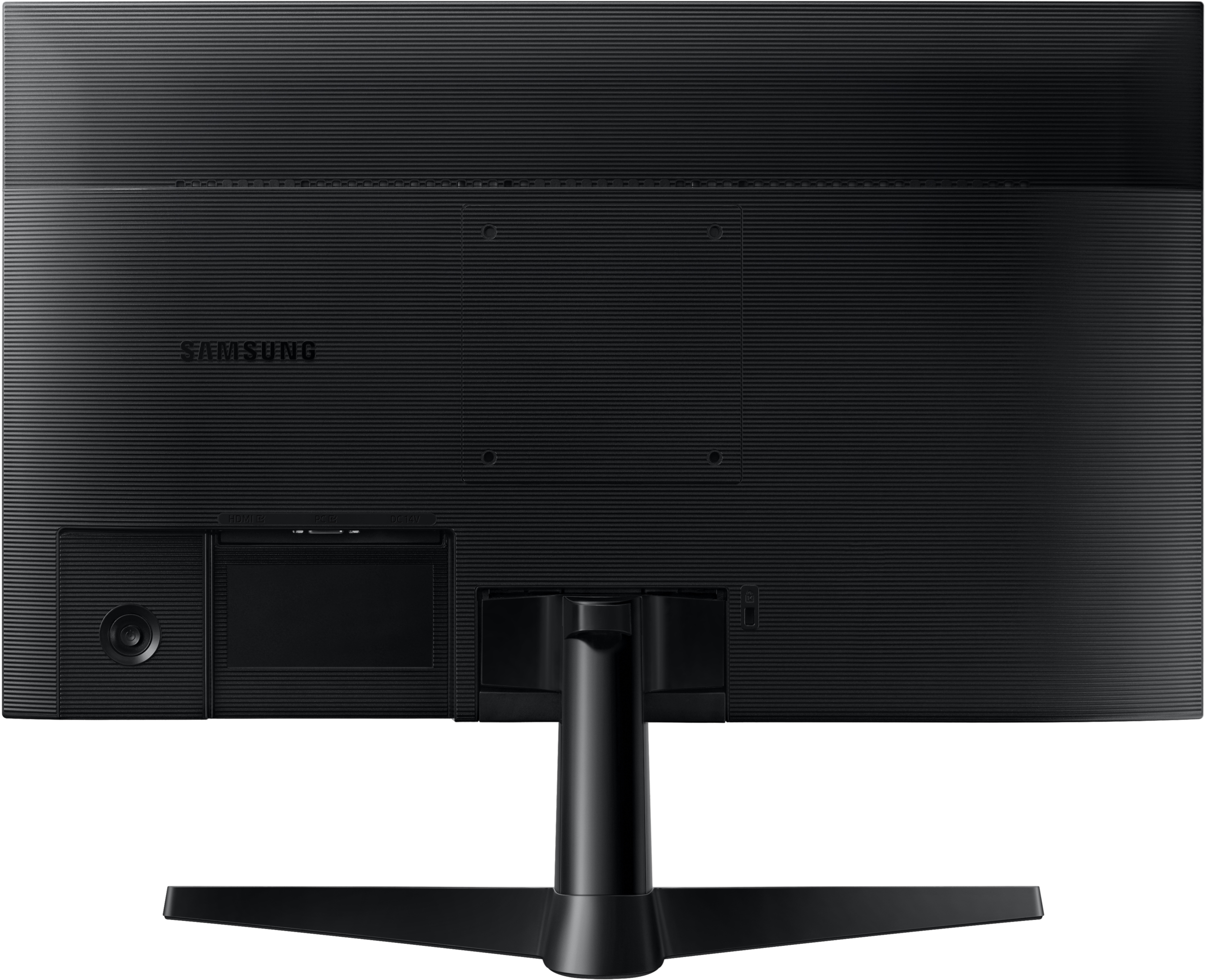 Rückseite eines schwarzen Samsung-Monitors mit Anschlüssen und Ständer.