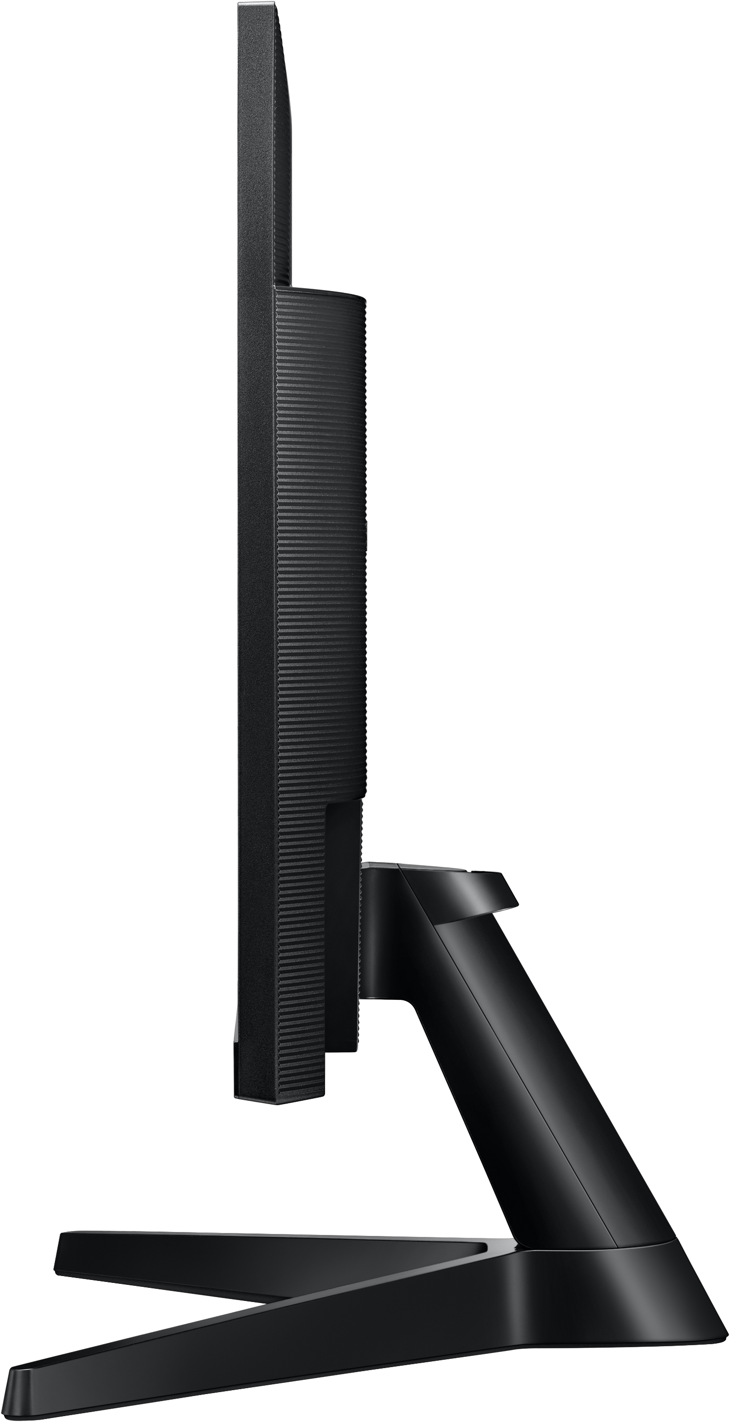Ein schwarzer Computermonitor steht aufrecht. Die Seitenansicht zeigt ein schlankes Profil und einen schwarzen Ständer.